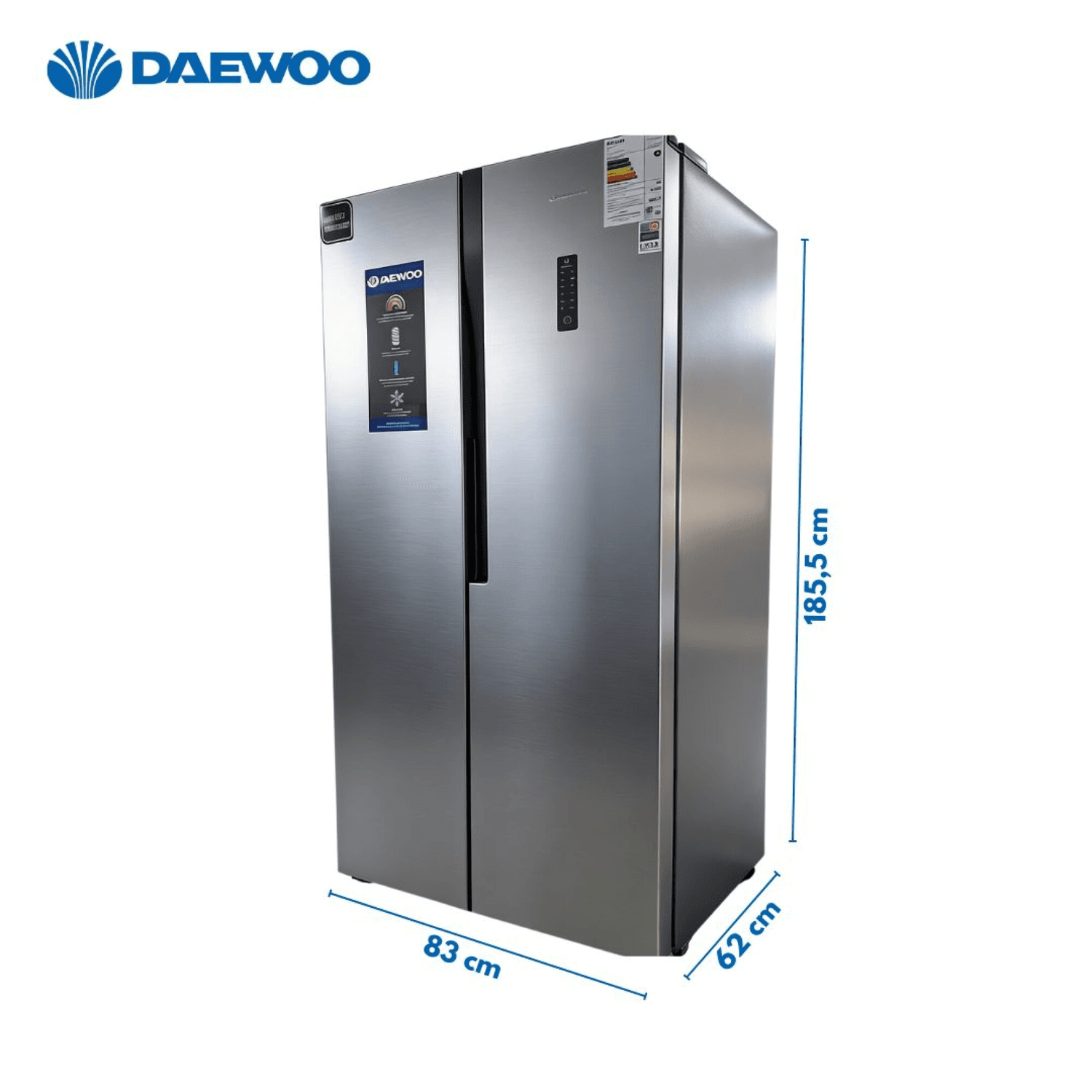 Heladera Daewoo DART450ISS con sus medidas: 83 cm de ancho, 62 de fondo y 185,5 de alto