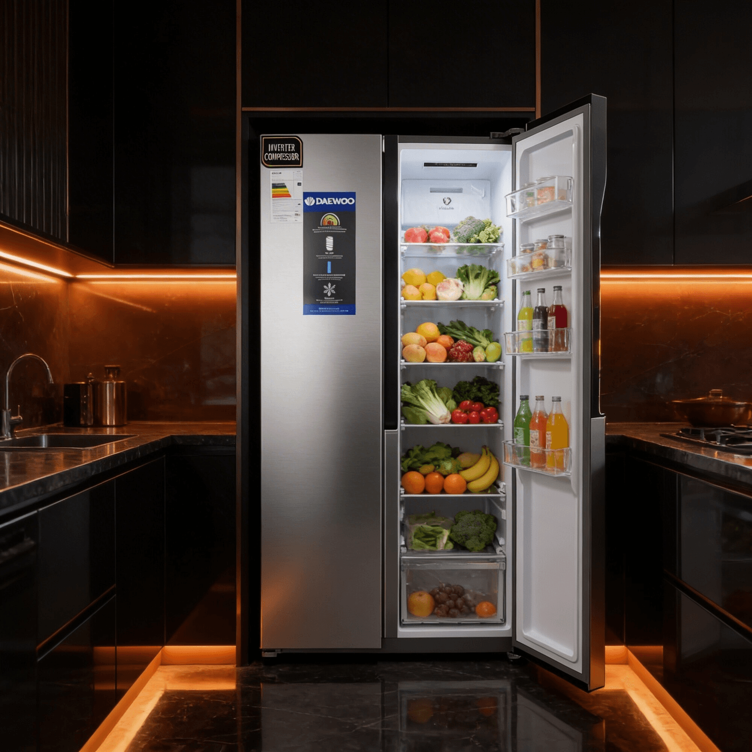 Heladera side by side Daewoo DART450ISS con una puerta abierta en una cocina