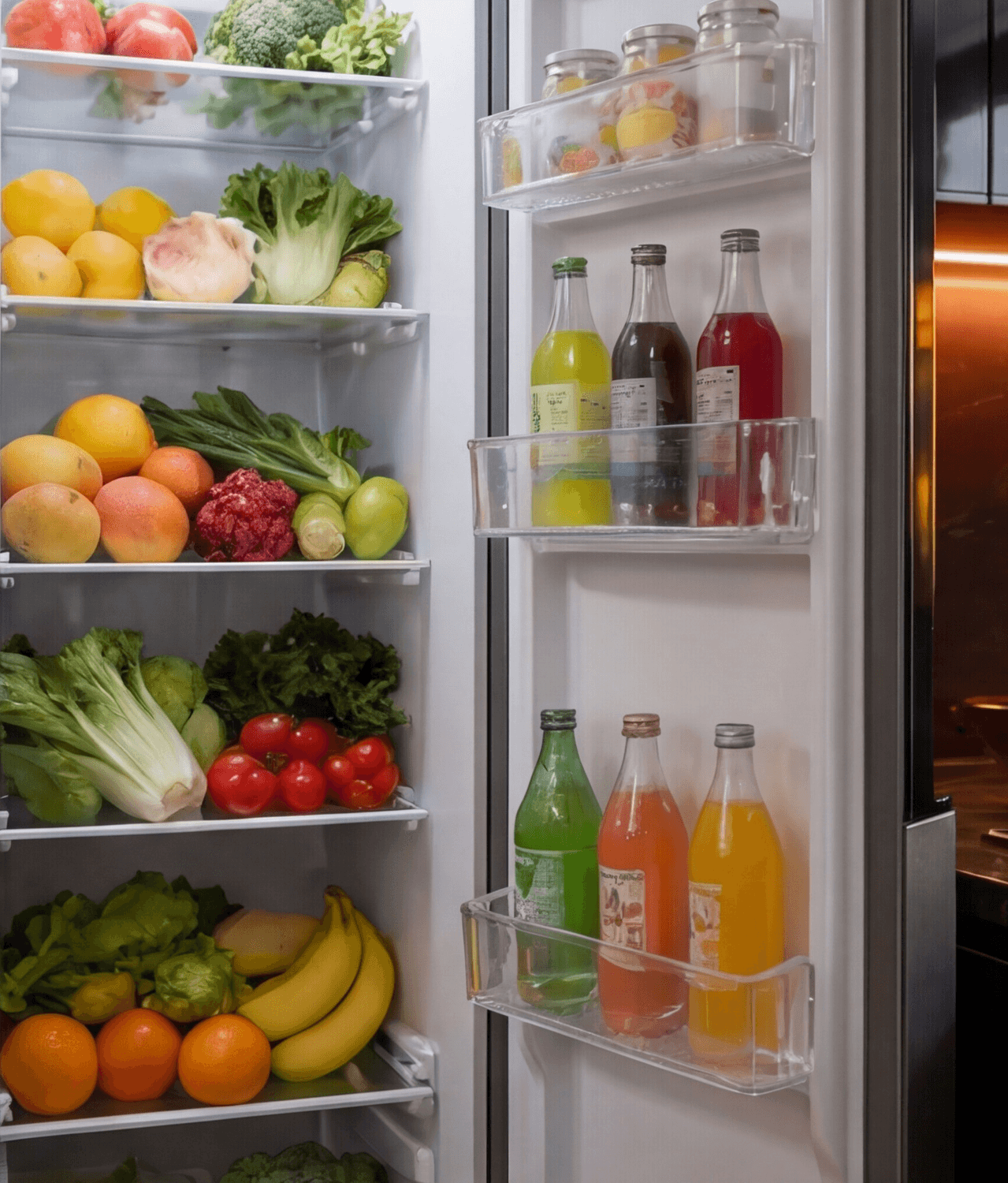 Interior de la heladera Daewoo DART450ISS con frutas, verduras y botellas