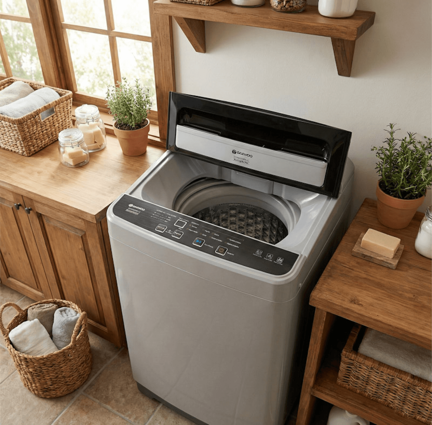 Lavarropas Daewoo DAWM455HW-AC en un lavadero con la tapa abierta