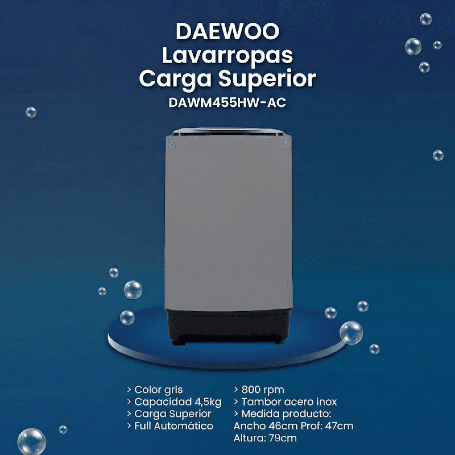 Lavarropas Daewoo DAWM455HW-AC con datos del modelo