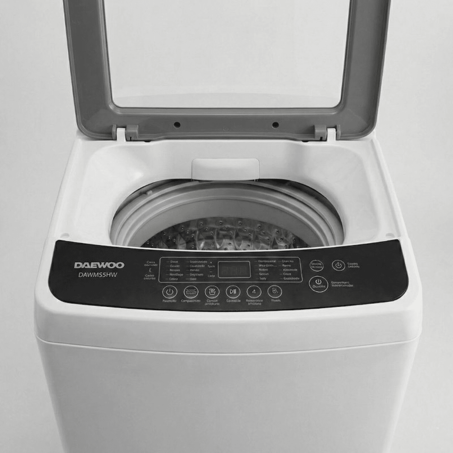 Panel de comandos del lavarropas Daewoo DAWMS5HW con la tapa abierta