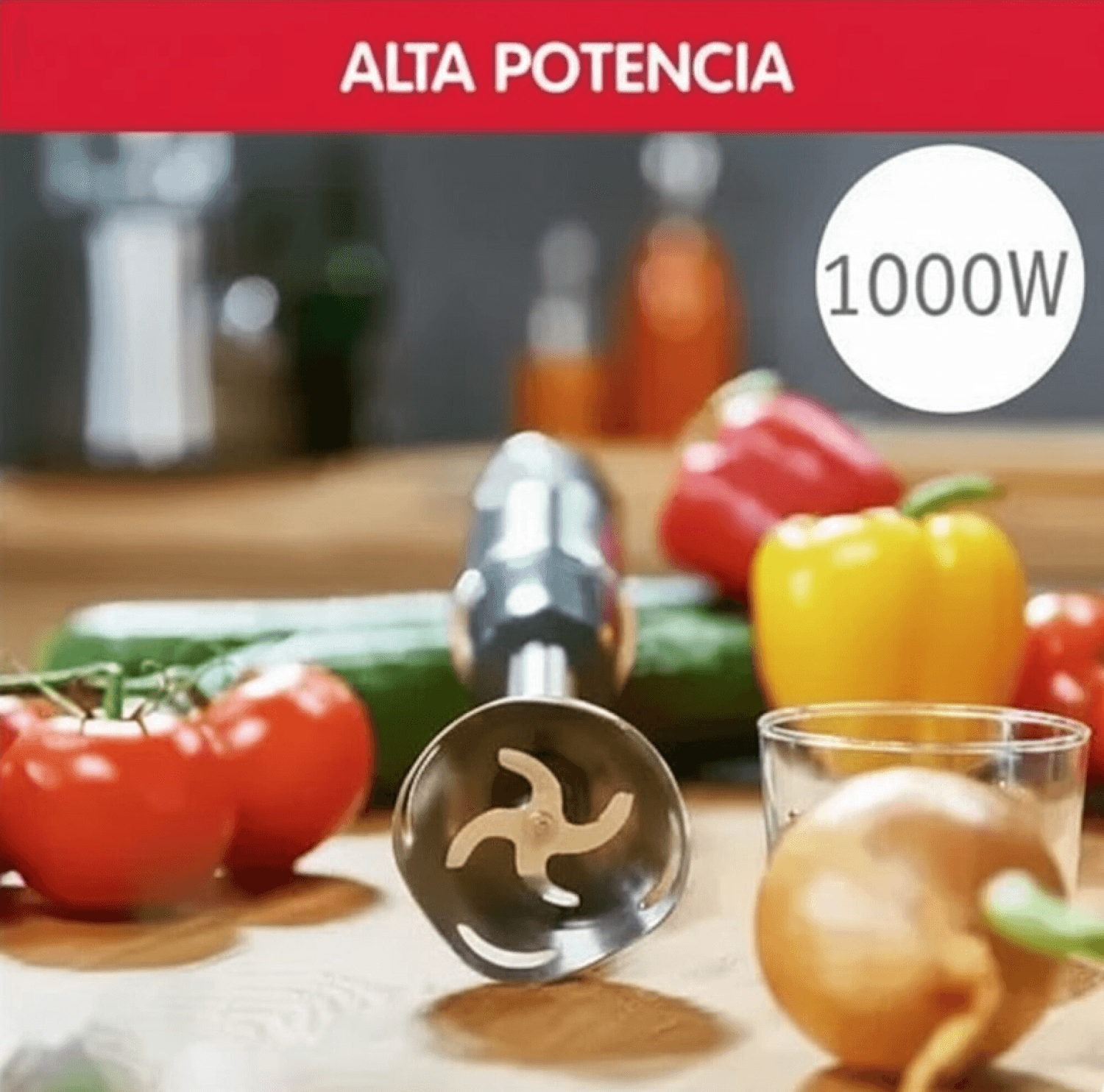 Mixer Moulinex DD655810 con rótulo de 1000 W sobre verduras