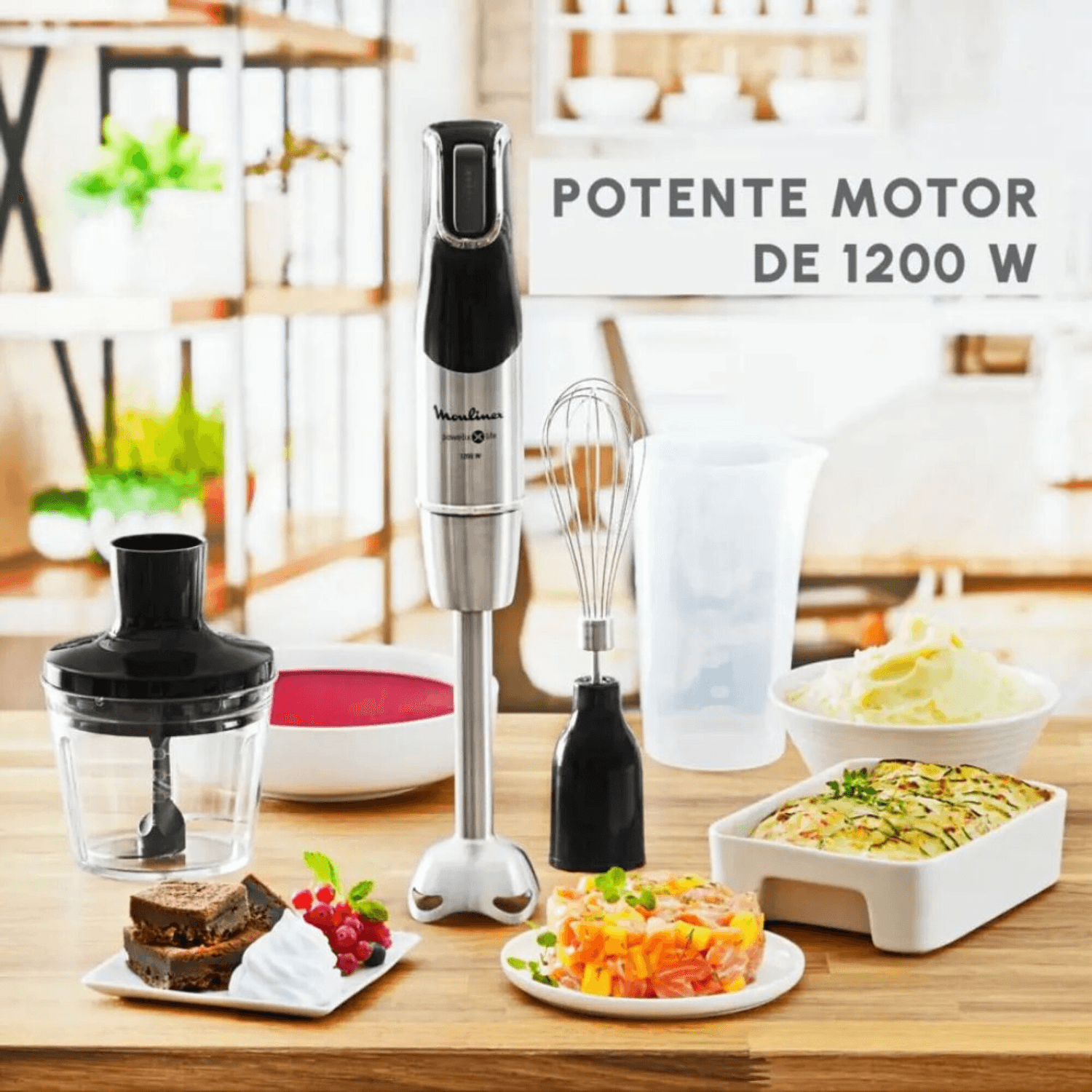 Mixer Moulinex DD95HD10 con sus accesorios y preparaciones sobre una mesada
