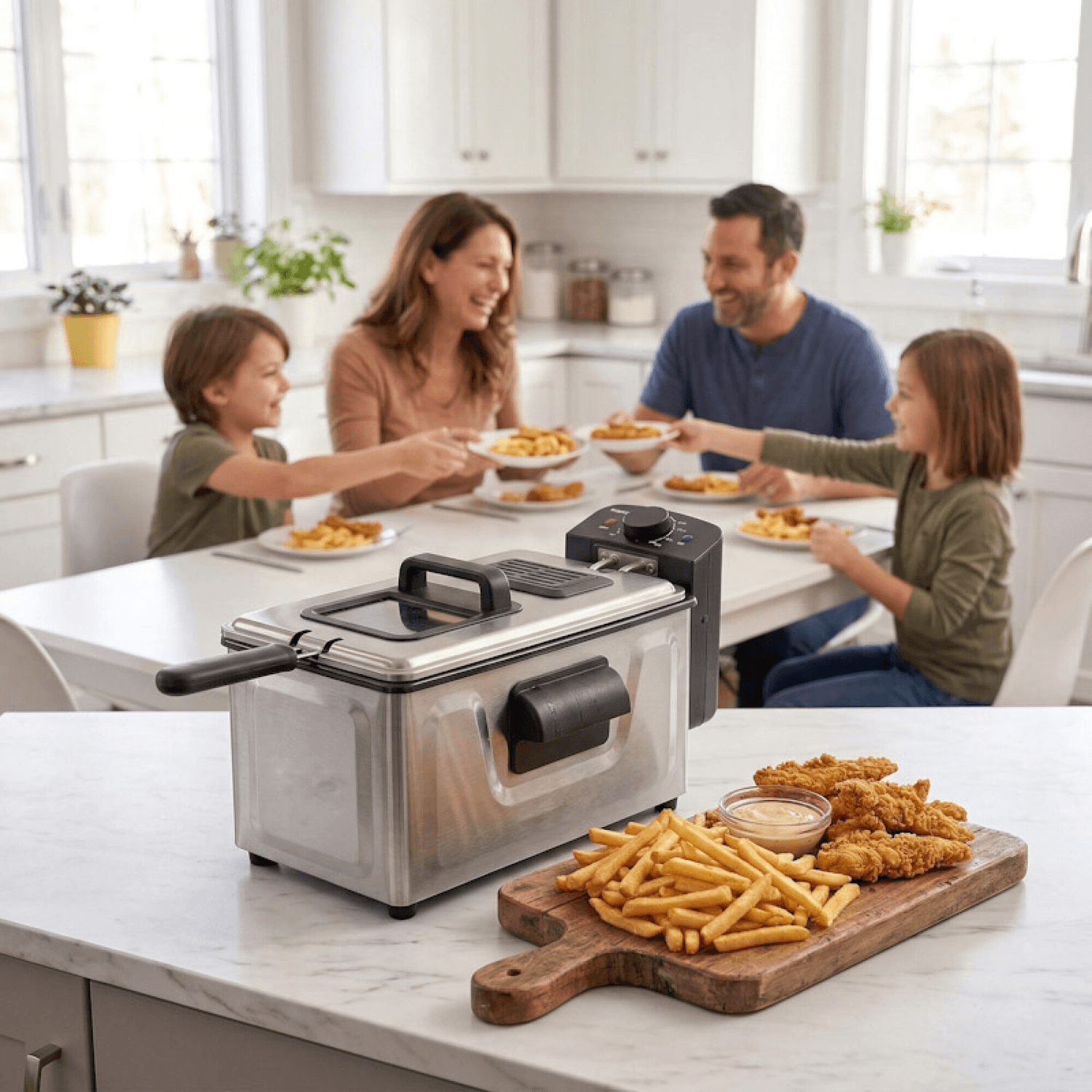 Freidora Daewoo DF5120 en la cocina de una familia junto a papas fritas