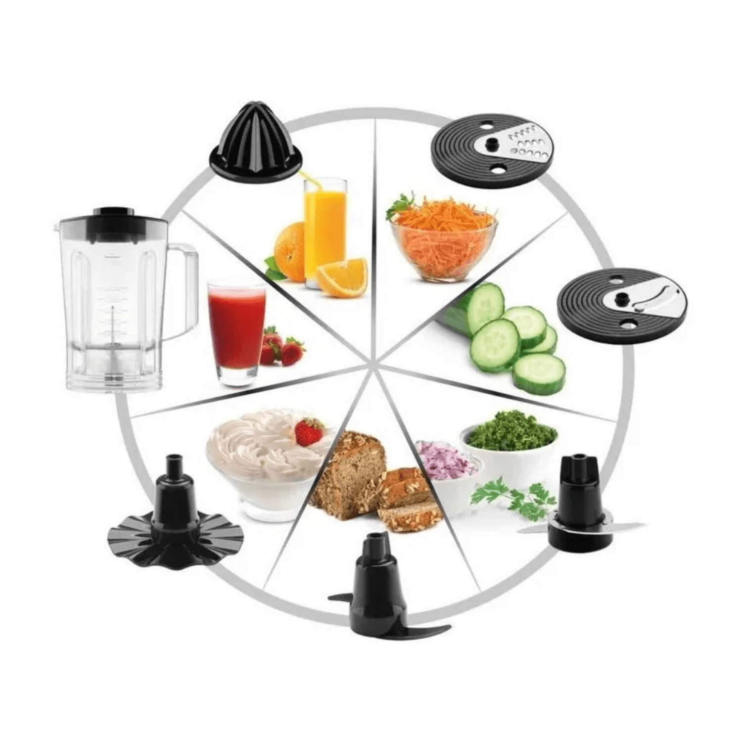 Accesorios de la multiprocesadora Arno DO1655B2 y alimentos que prepara