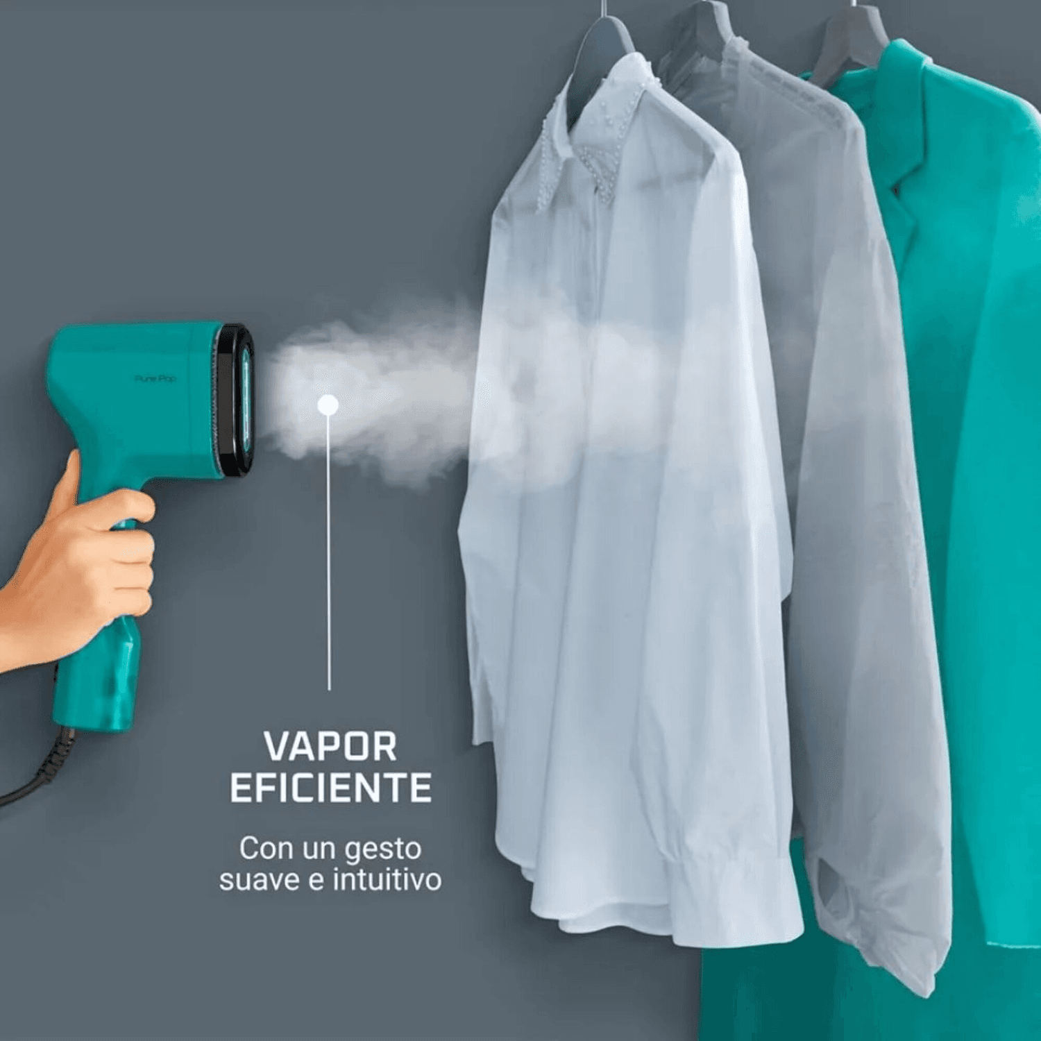 Rowenta Pure Pop DR2024D1 vaporizando camisas colgadas
