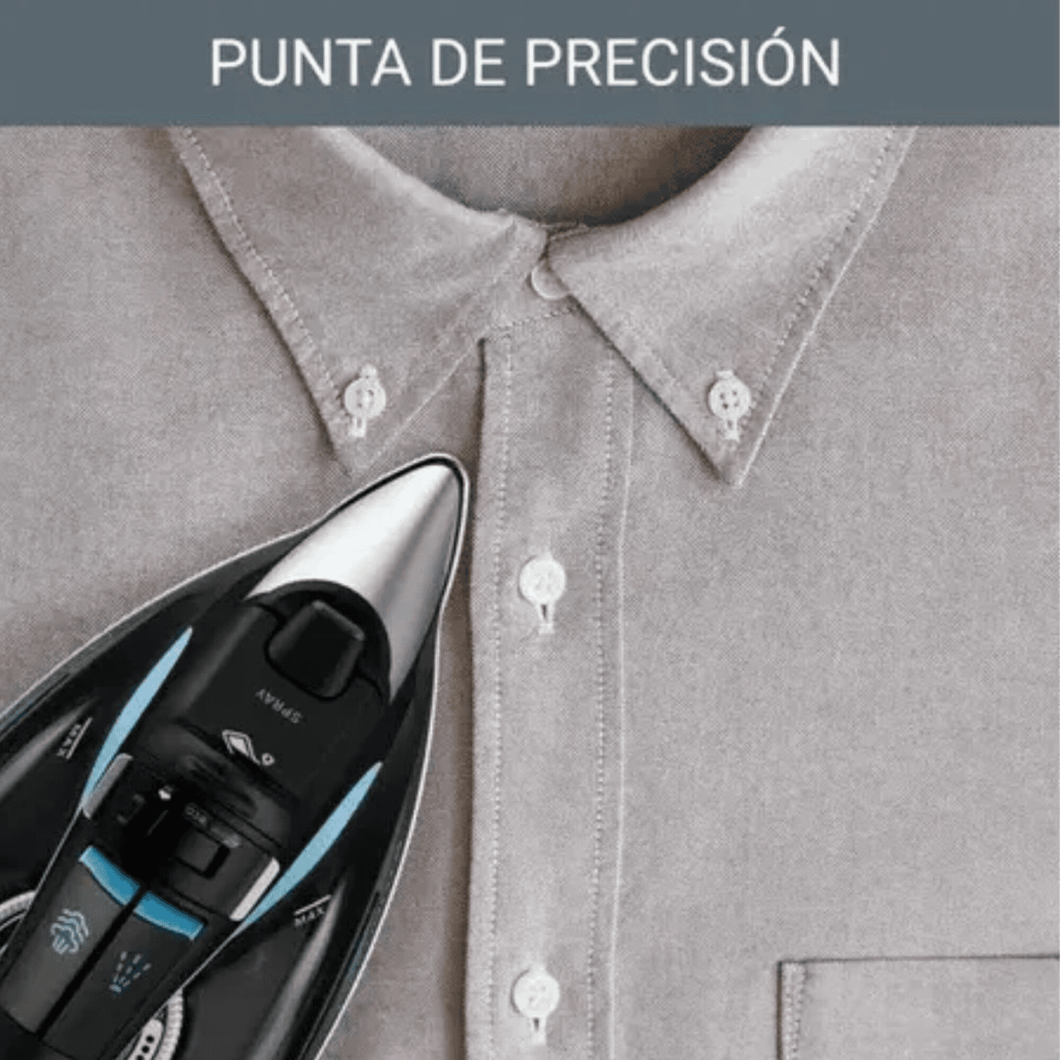 Punta de precisión de la plancha Rowenta DW5310D1 sobre el cuello de una camisa