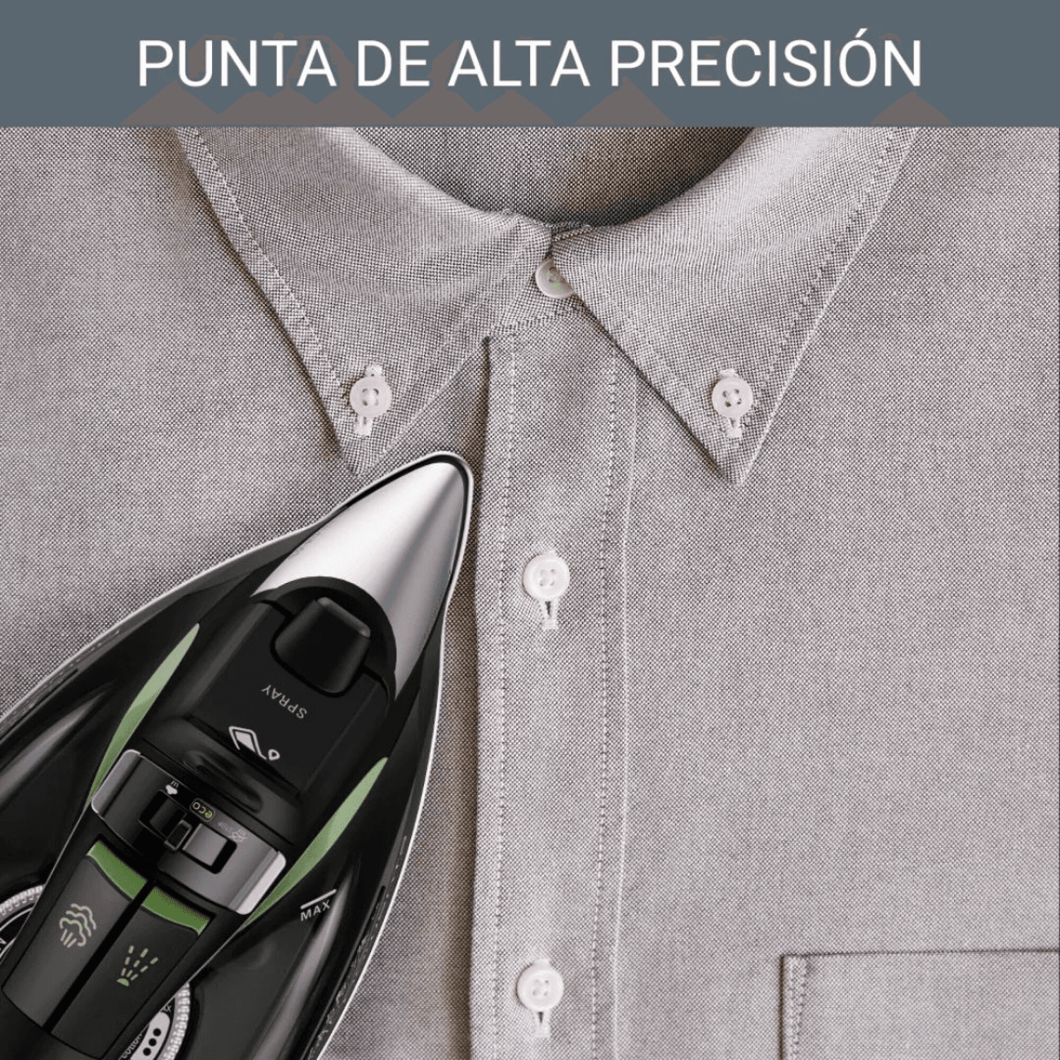 Punta de alta precisión de la plancha Rowenta DW6330D1 sobre el cuello de una camisa