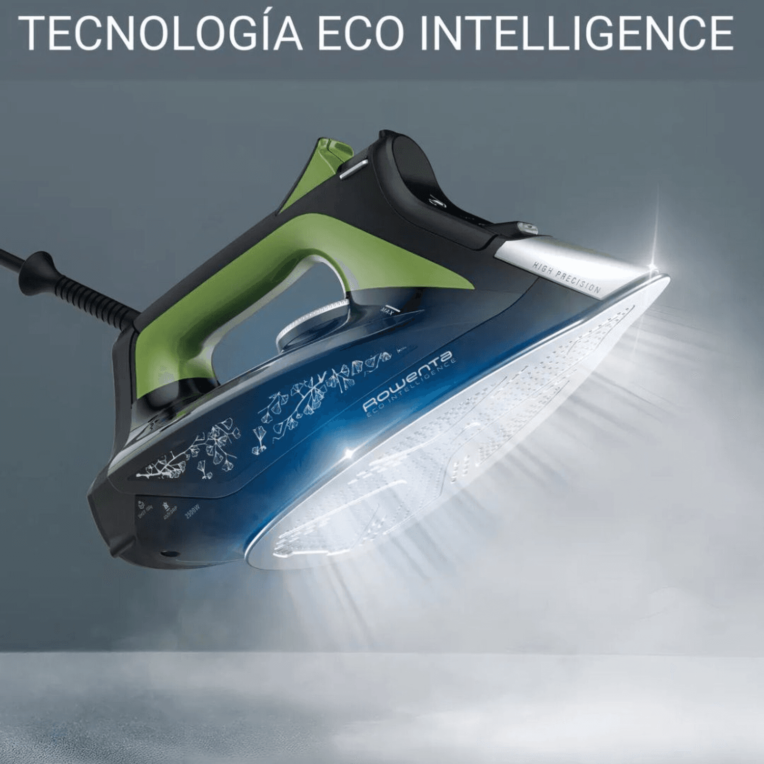 Plancha Rowenta Eco Intelligence DW6330D1 con la suela emitiendo vapor