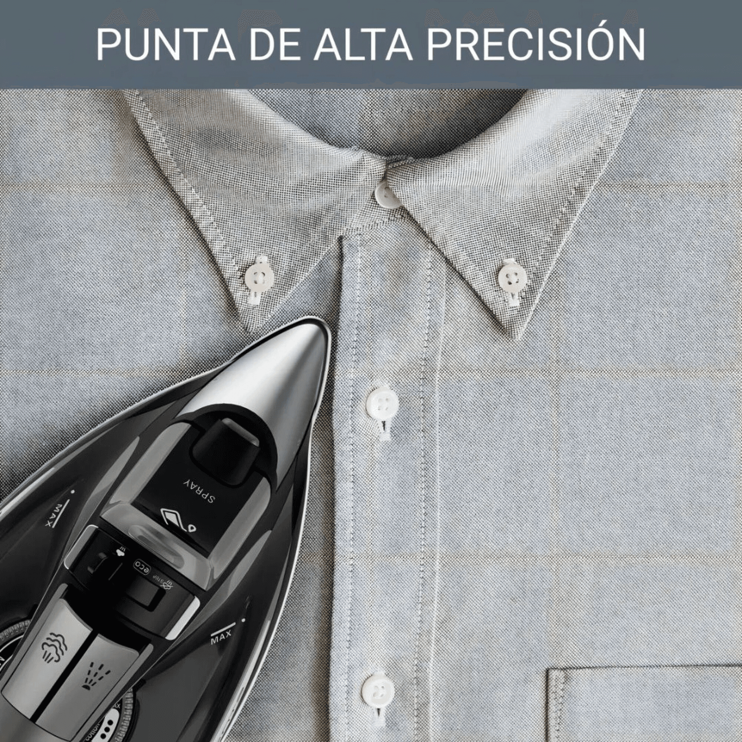 Punta de precisión de la plancha Rowenta DW7025D1 sobre el cuello de una camisa
