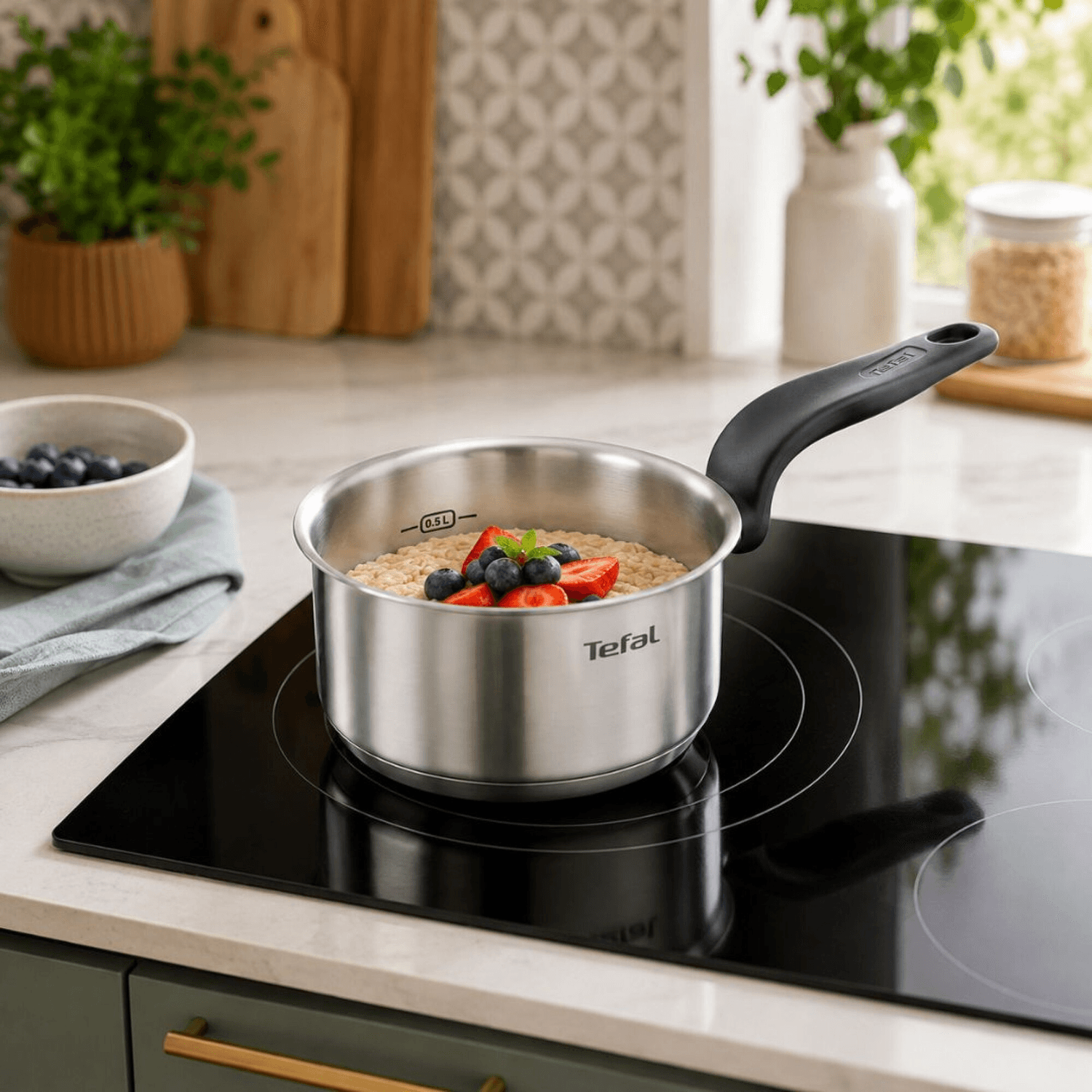Cacerola Tefal Primary con avena y frutas sobre una cocina de inducción