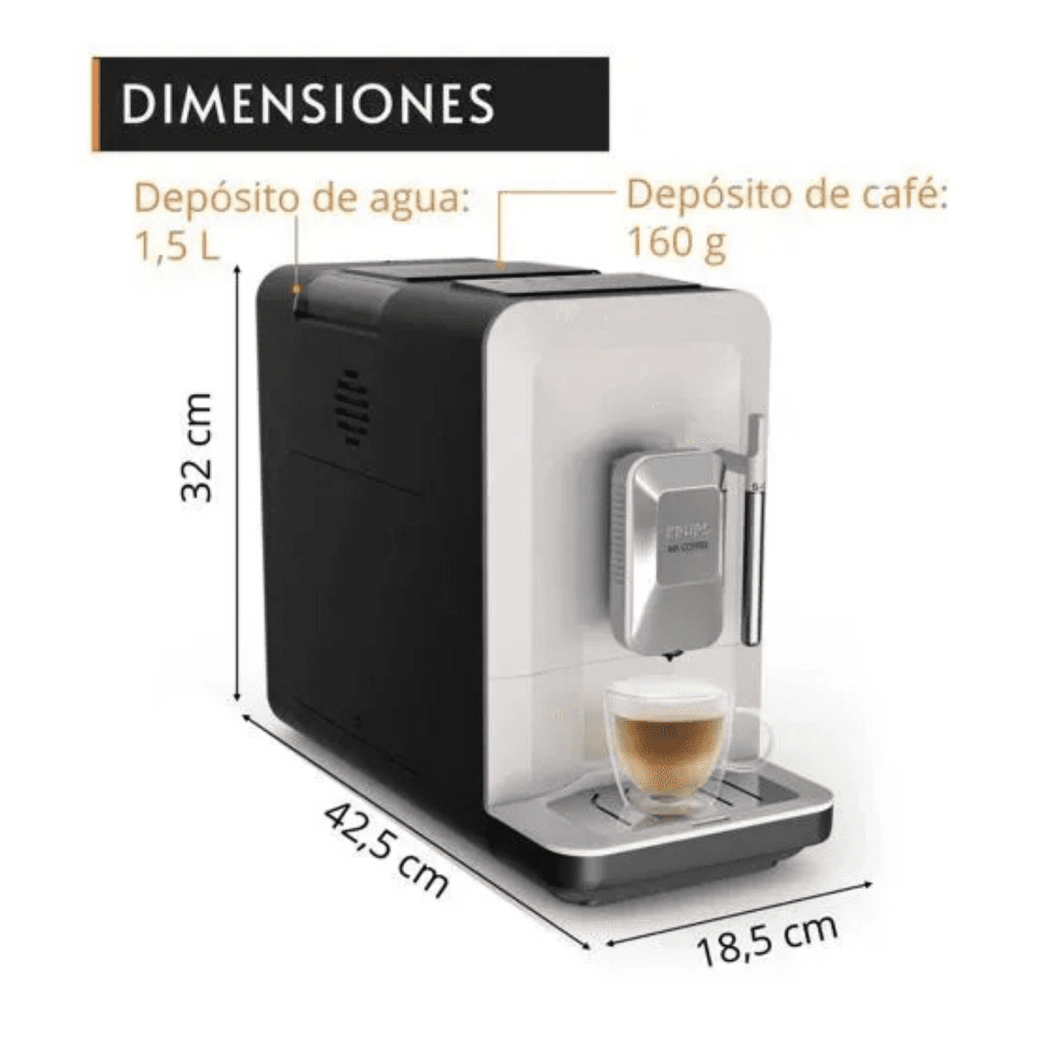 Medidas y depósitos de la cafetera Krups EA201BE0