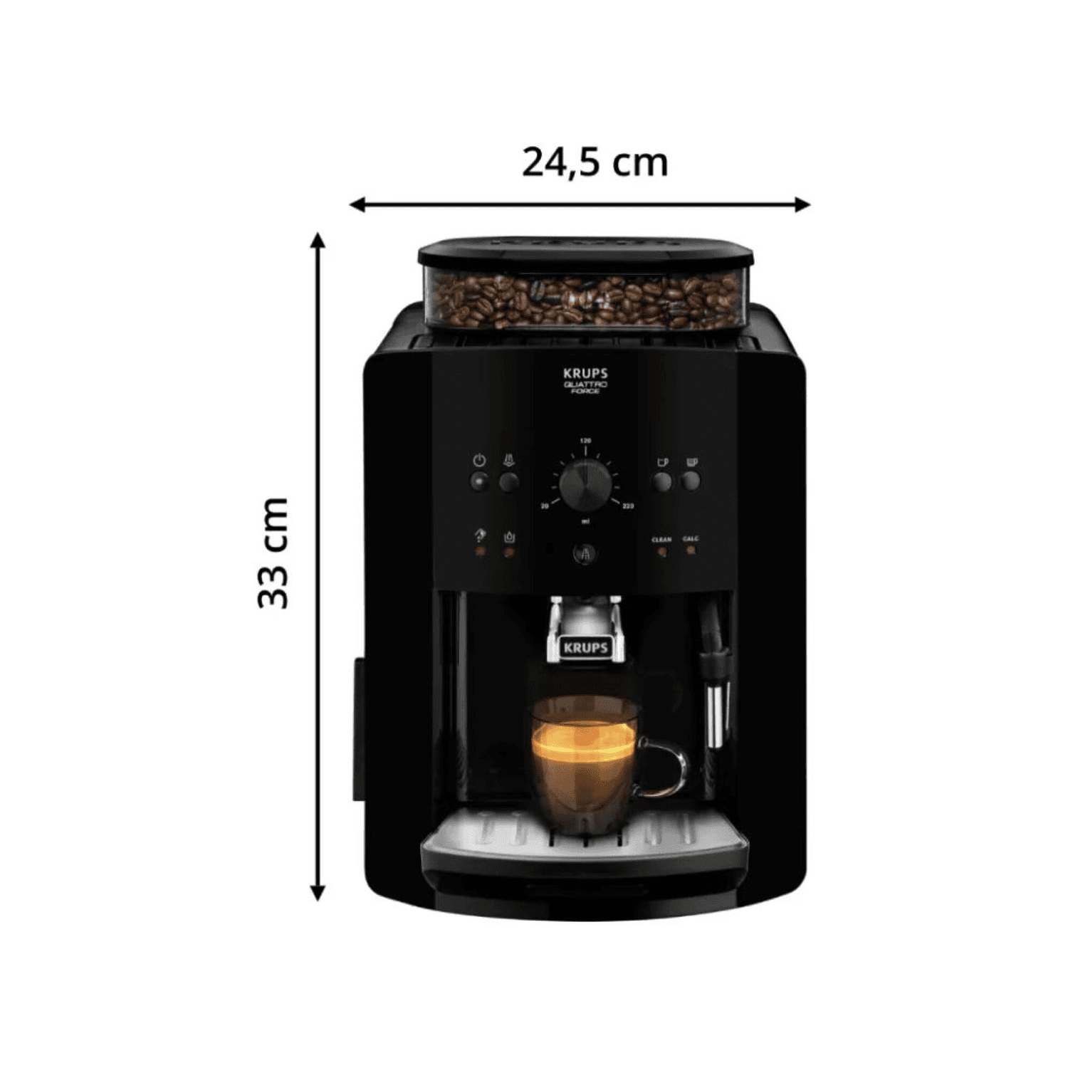 Cafetera Krups EA810870 con taza de café y medidas de ancho y alto
