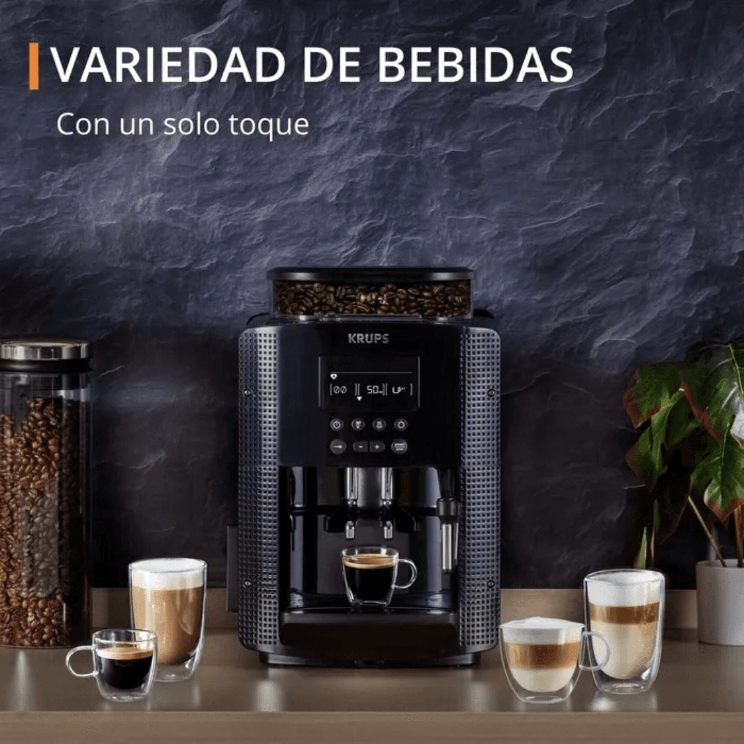 Cafetera Krups EA815070 con distintas bebidas