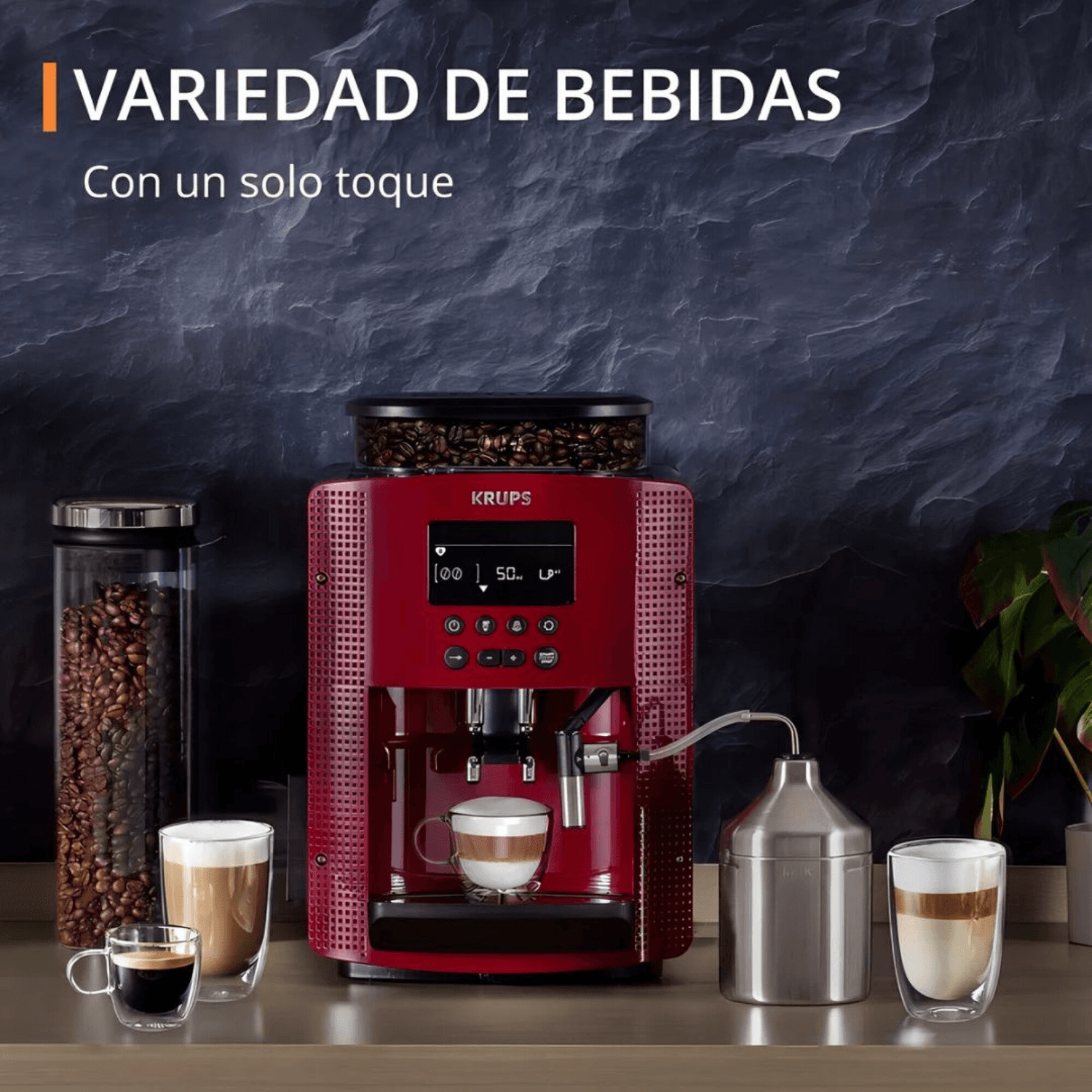 Cafetera roja Krups EA816570 con distintas bebidas