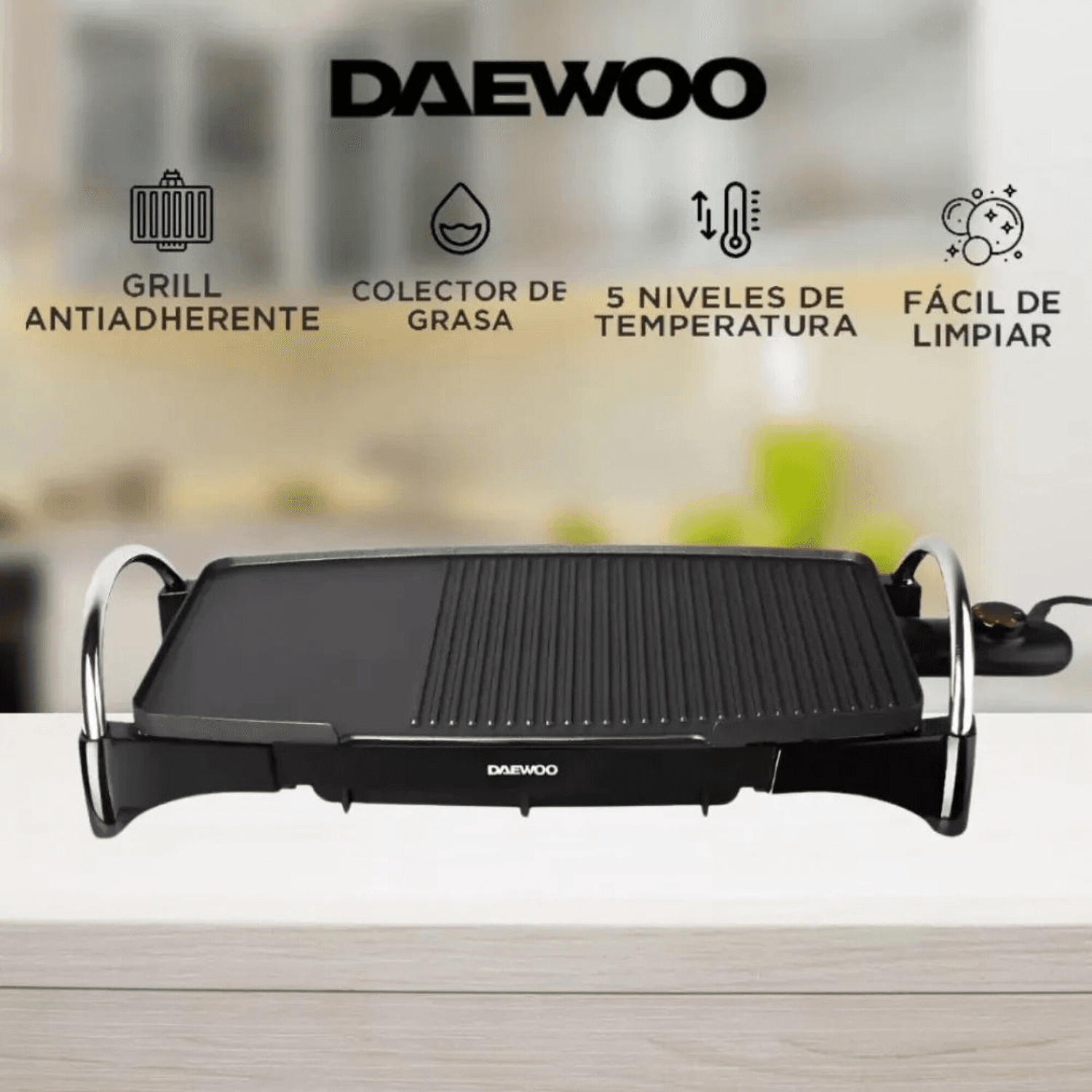 Parrilla Daewoo EG8722 con íconos de grill antiadherente, colector de grasa y 5 niveles