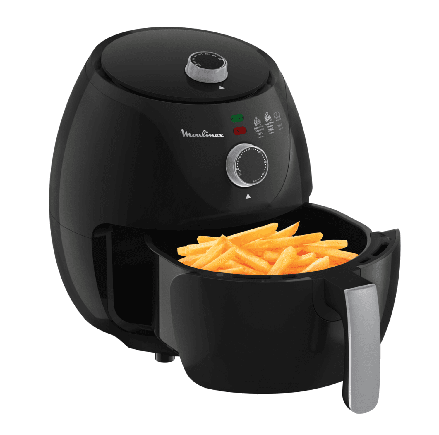 Freidora de aire Moulinex EZ122858 negra con papas fritas