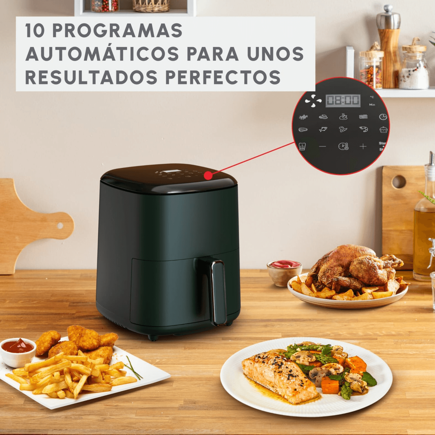 Freidora de aire Moulinex EZ245320 con comidas servidas y panel de 10 programas