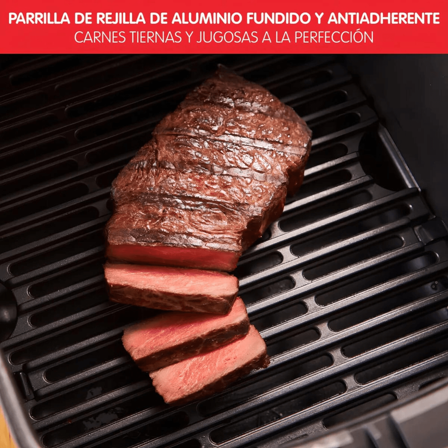 Parrilla de aluminio fundido de la Moulinex EZ505D10 con carne