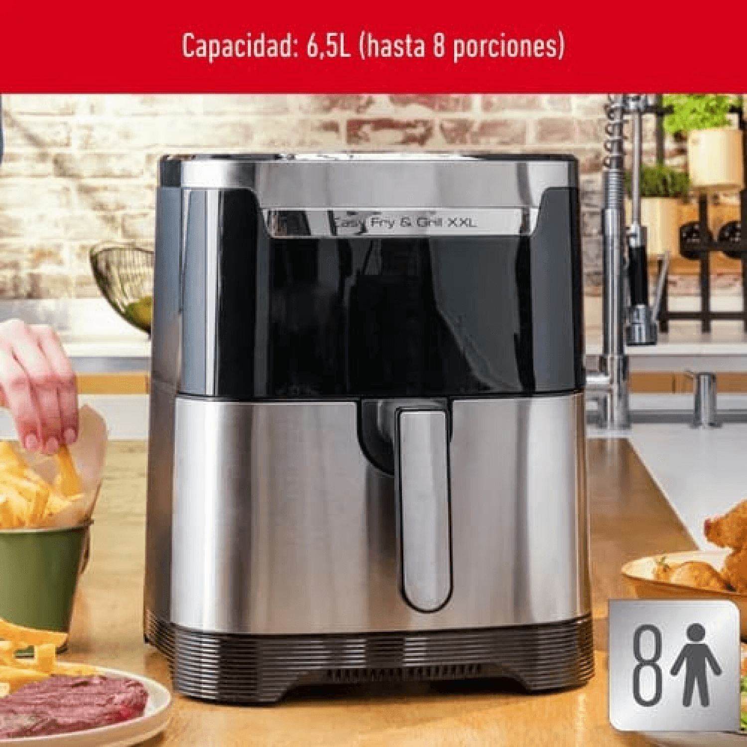 Freidora de aire Moulinex EZ801D10 de 6,5 L sobre una mesada de cocina
