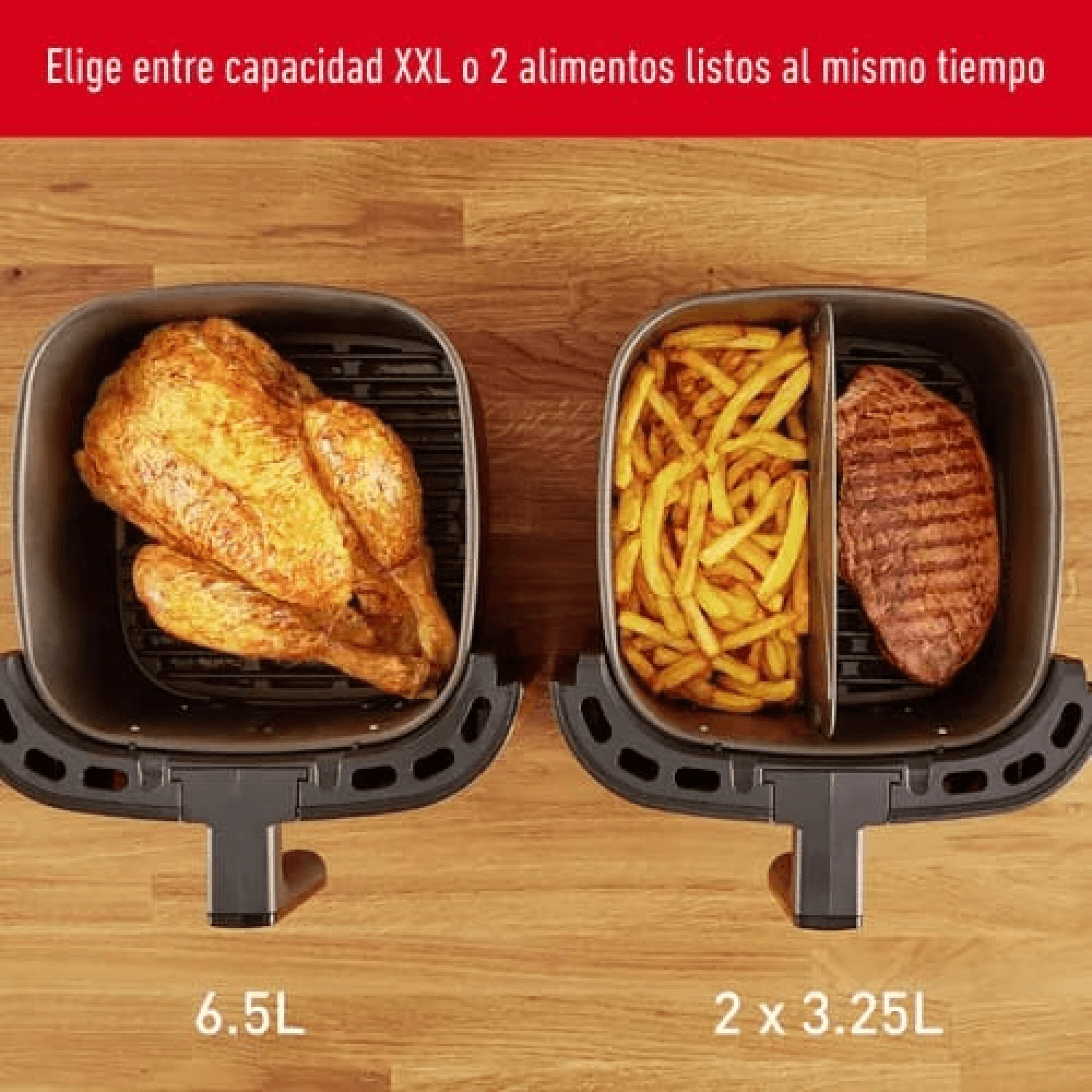 Cuba de la freidora Moulinex EZ801D10 completa con pollo y con divisor con papas y carne