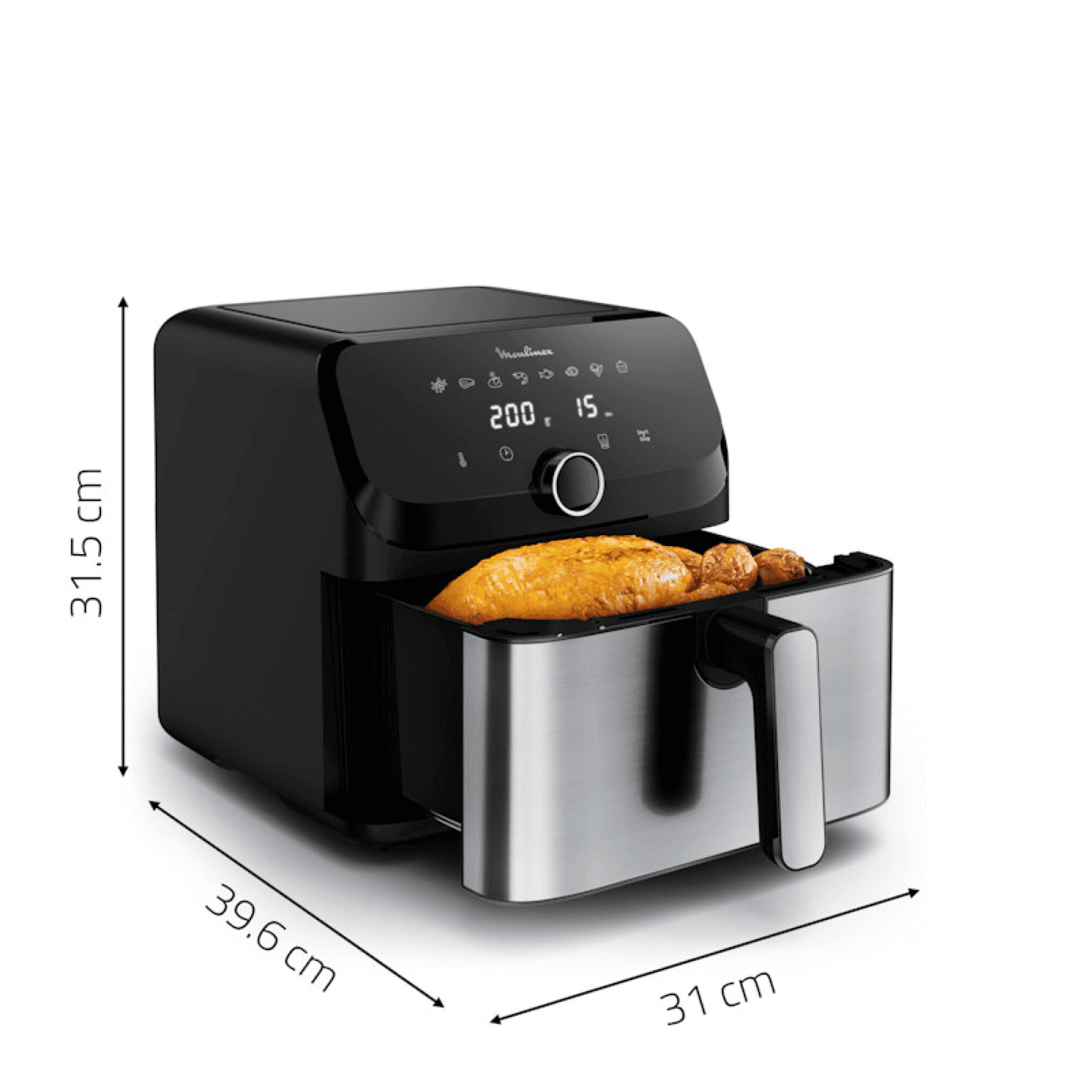 Freidora Moulinex Easy Fry Mega EZ855D20 con un pollo y sus medidas