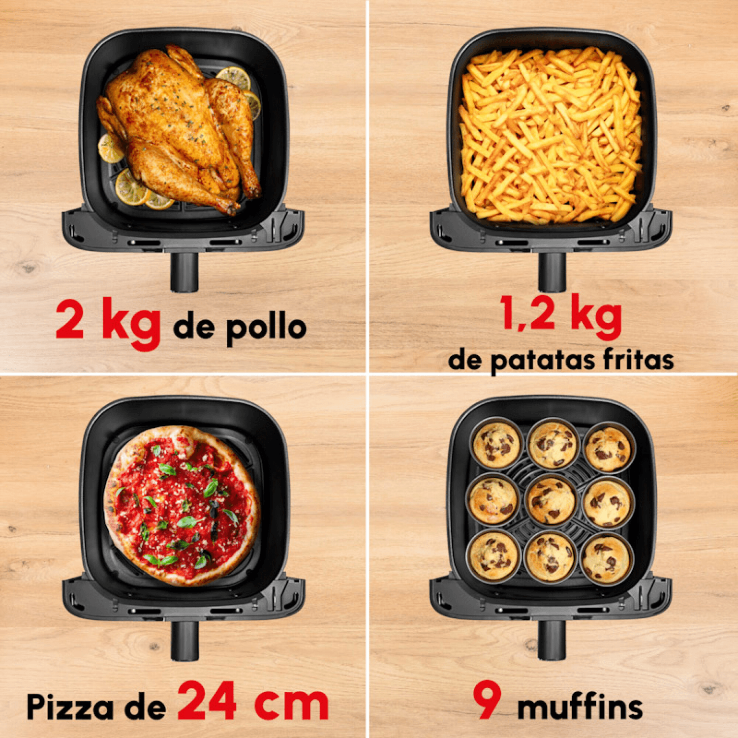 Capacidad de la cuba de la Moulinex EZ855D20 con pollo, papas, pizza y muffins
