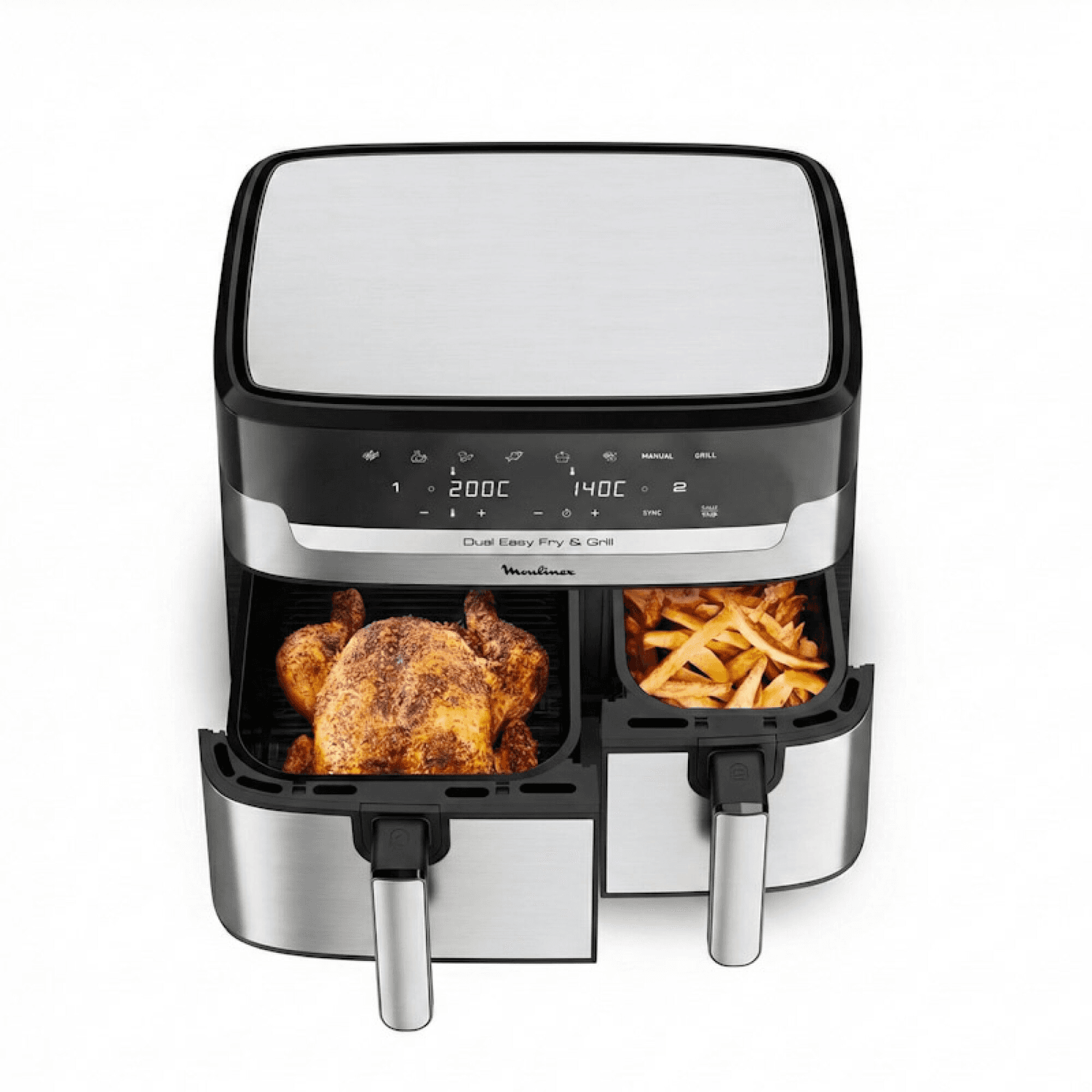 Freidora de aire de doble cesta Moulinex Dual Easy Fry & Grill EZ905D20 con pollo y papas