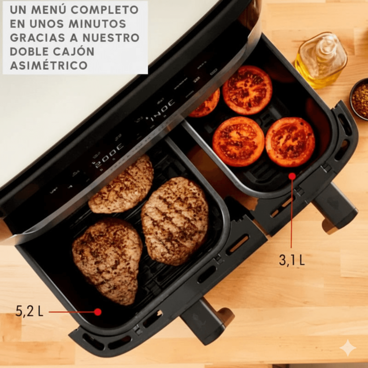Cajones de 5,2 L y 3,1 L de la Moulinex EZ905D20 con carne y tomates