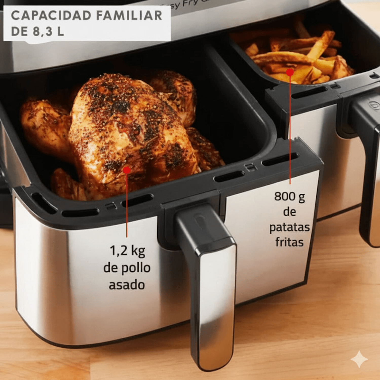 Moulinex EZ905D20 con pollo asado y papas fritas en sus dos cajones