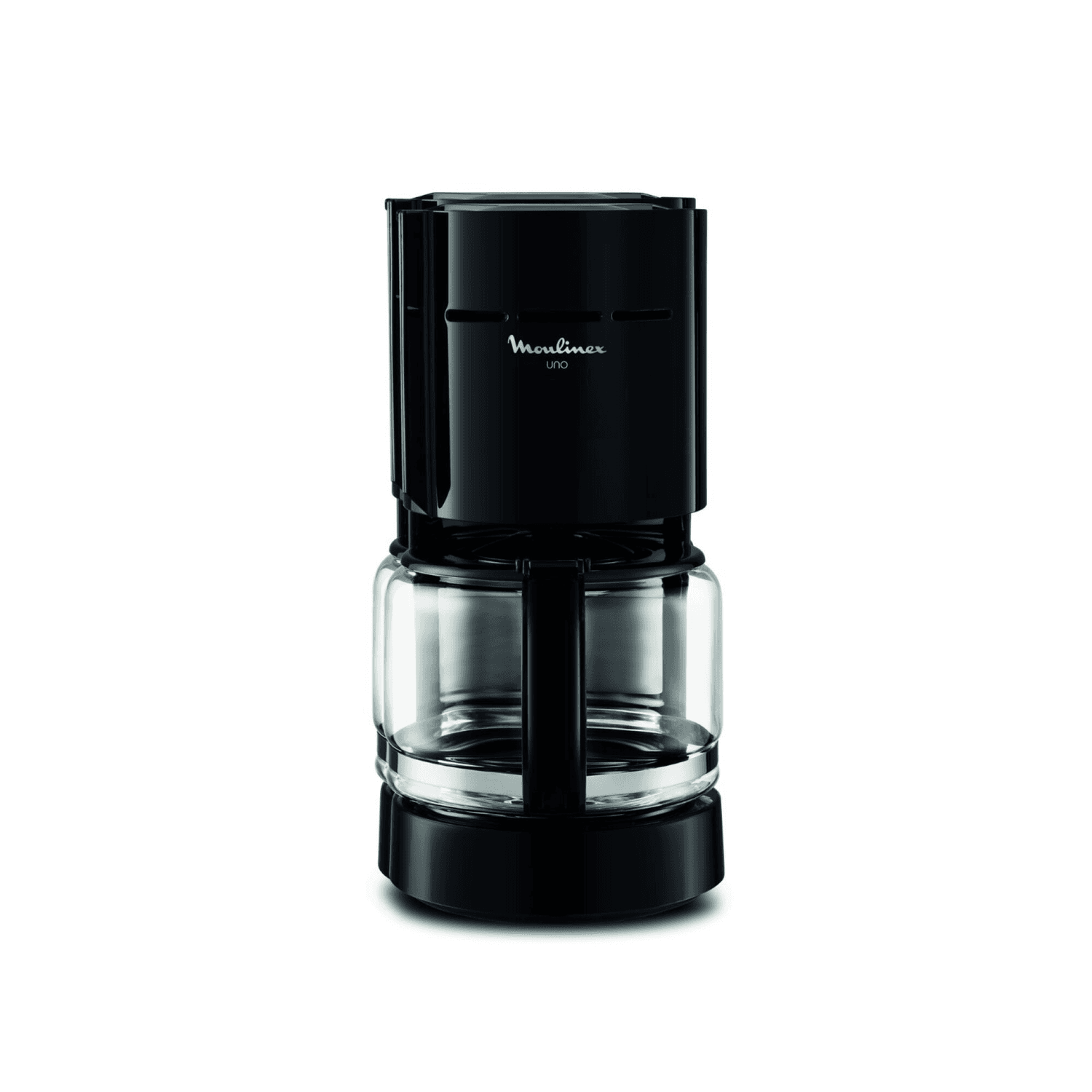 Cafetera de filtro Moulinex Uno FG121811 negra de frente con jarra de vidrio