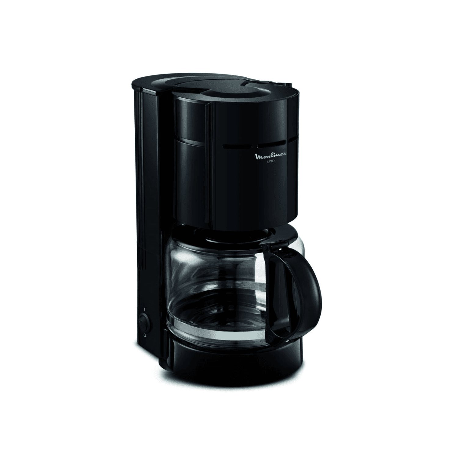 Cafetera de filtro Moulinex Uno FG121811 negra en vista de tres cuartos