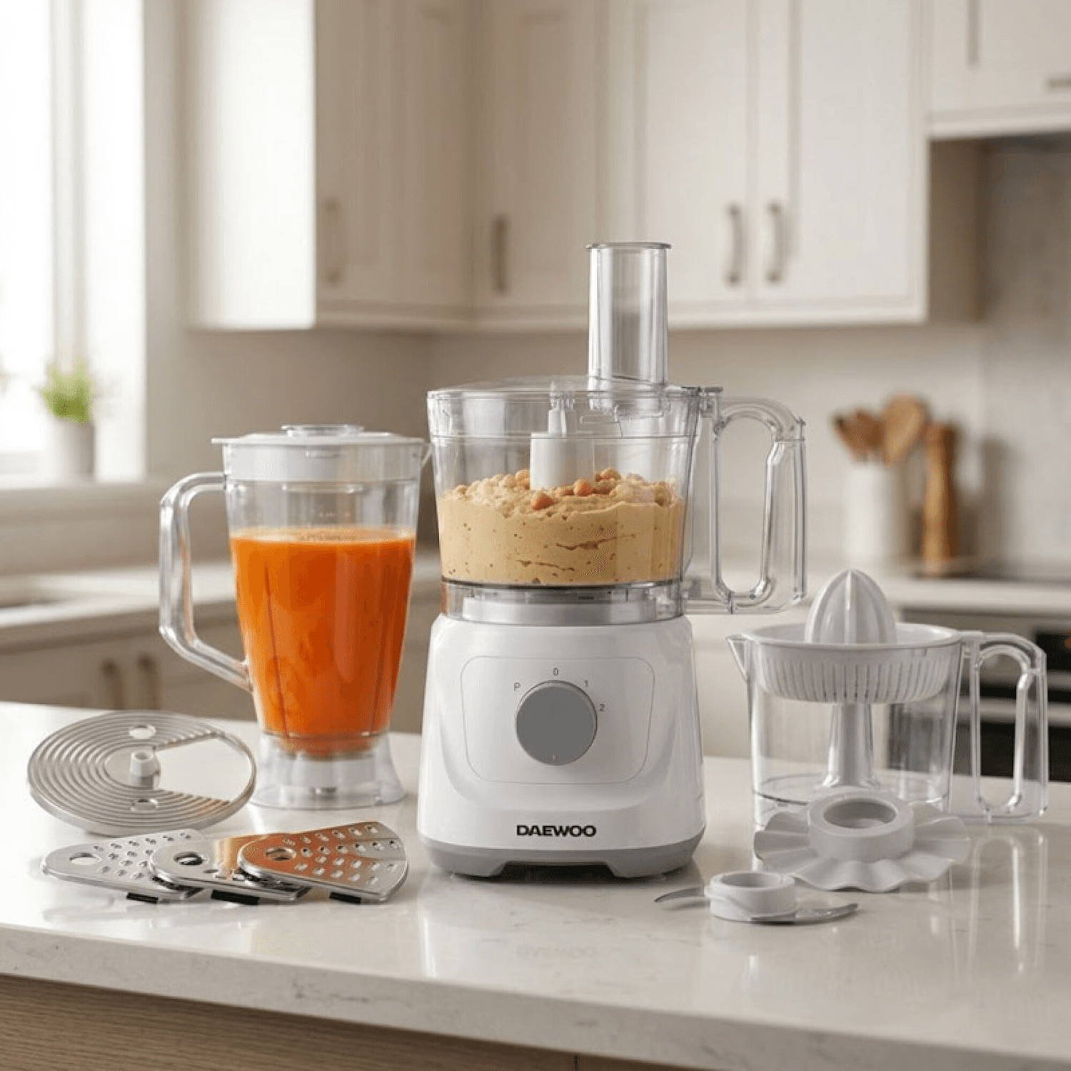 Multiprocesadora Daewoo FP7522 con jugo, pasta y accesorios sobre la mesada