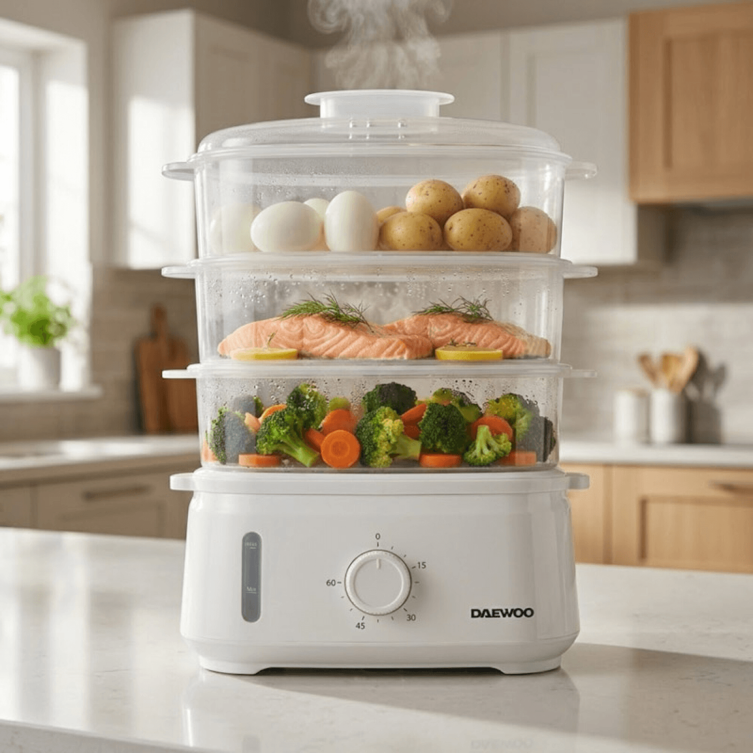 Vaporera Daewoo FS7216 con huevos, papas, salmón y brócoli