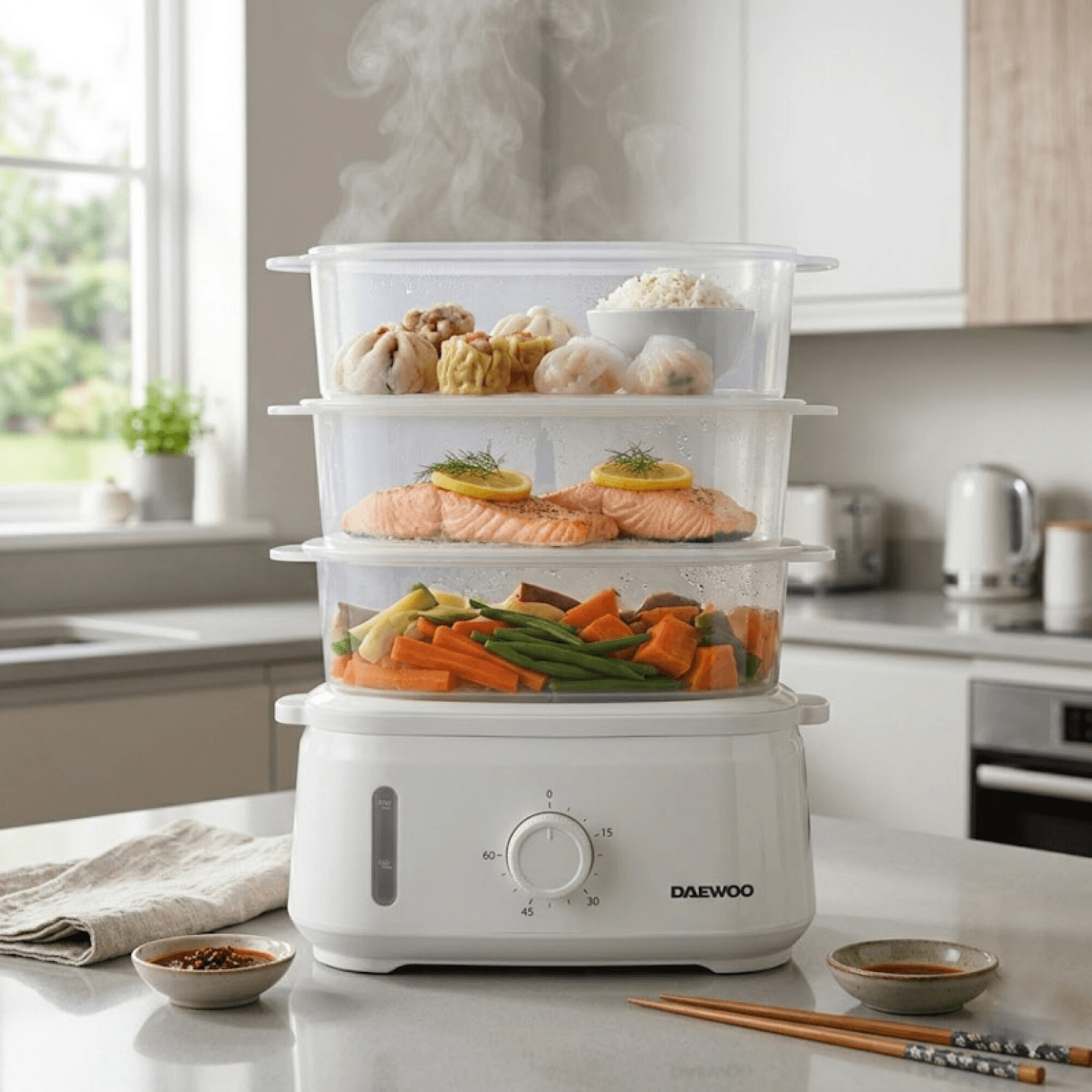 Vaporera Daewoo FS7216 en una cocina con pescado y verduras