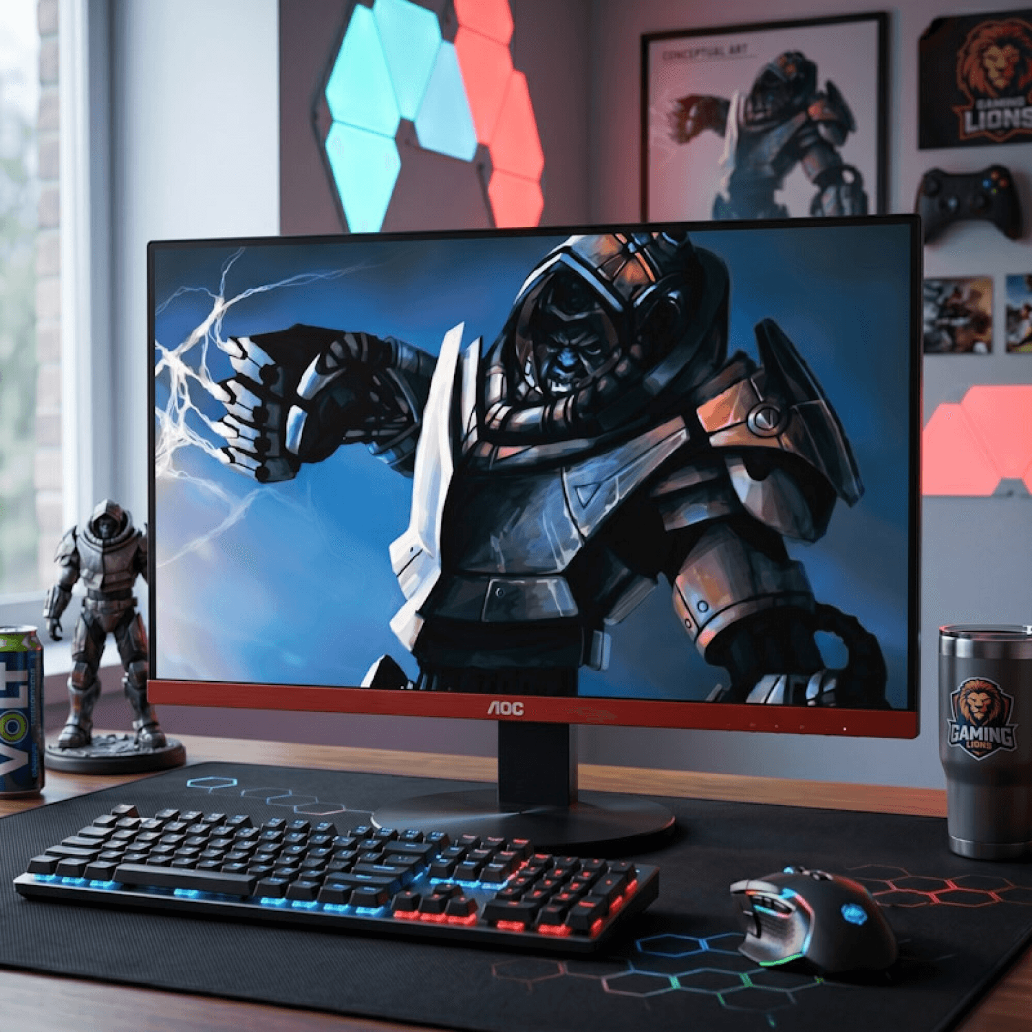 Monitor gamer AOC G2490VX en un escritorio gamer con teclado