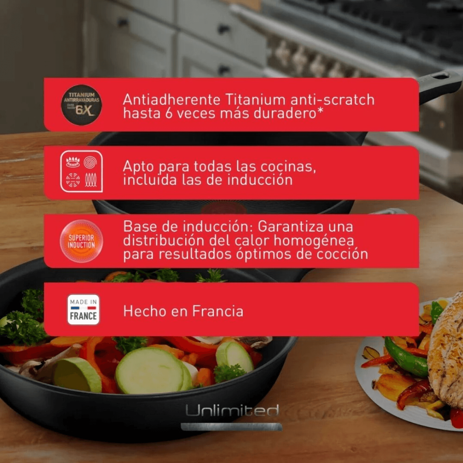 Infografía de la sartén Tefal Unlimited con cocinas compatibles y base de inducción