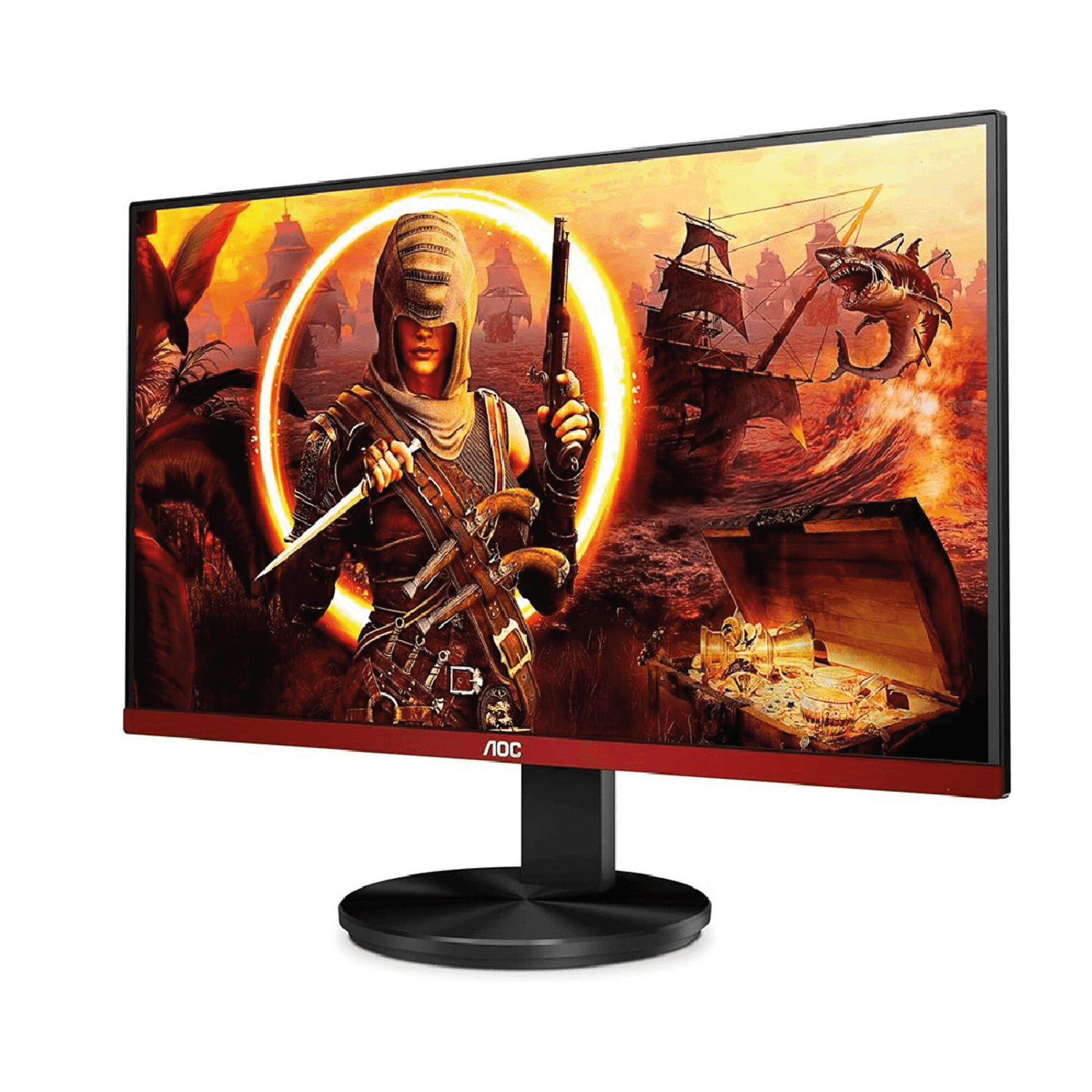 Monitor gamer AOC G2790VX en perspectiva con un juego en pantalla