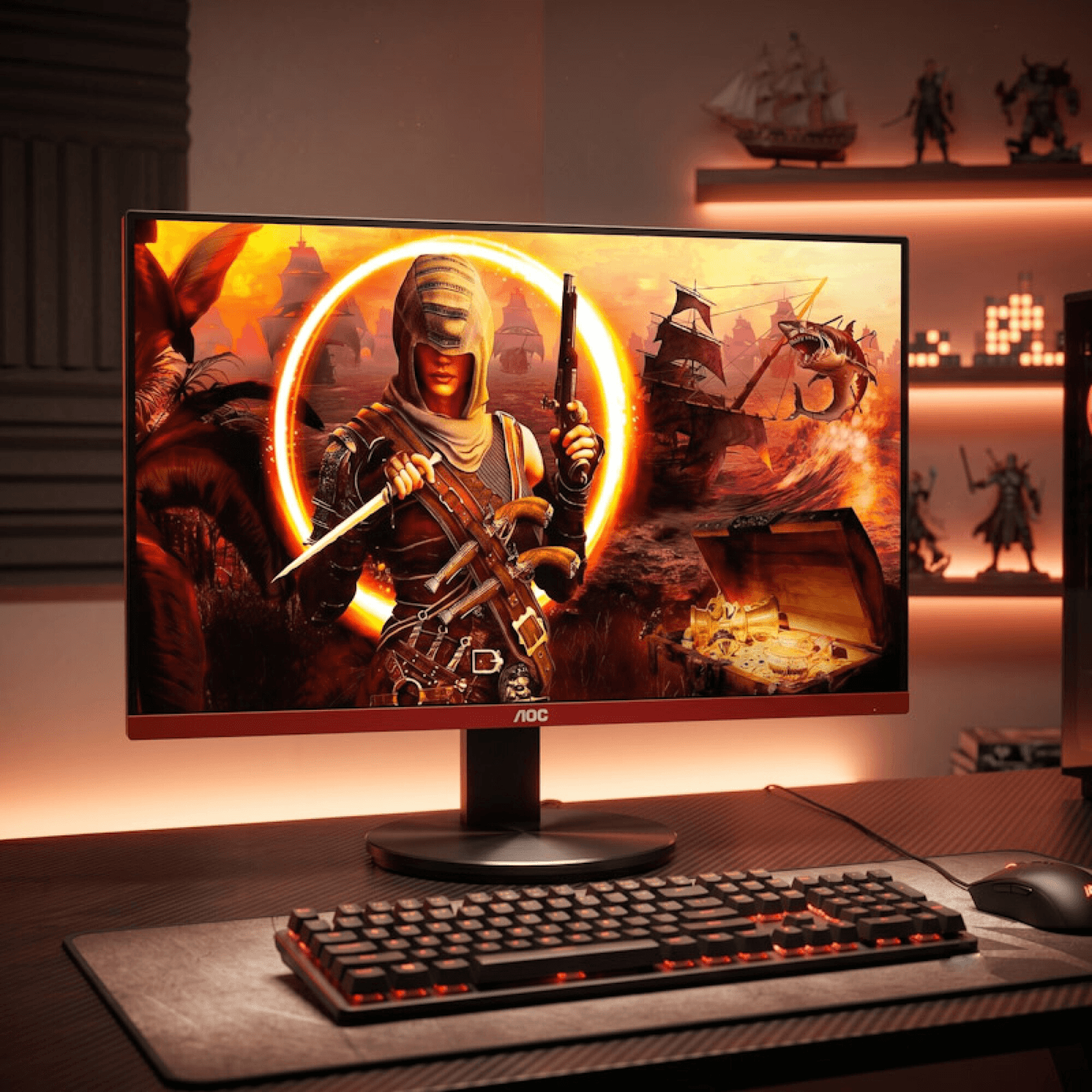 Monitor gamer AOC G2790VX en un escritorio gamer con teclado