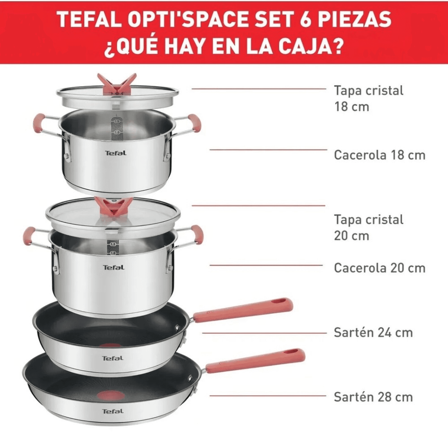 Contenido del set Tefal Opti'Space de 6 piezas: cacerolas 18 y 20 cm y sartenes 24 y 28 cm