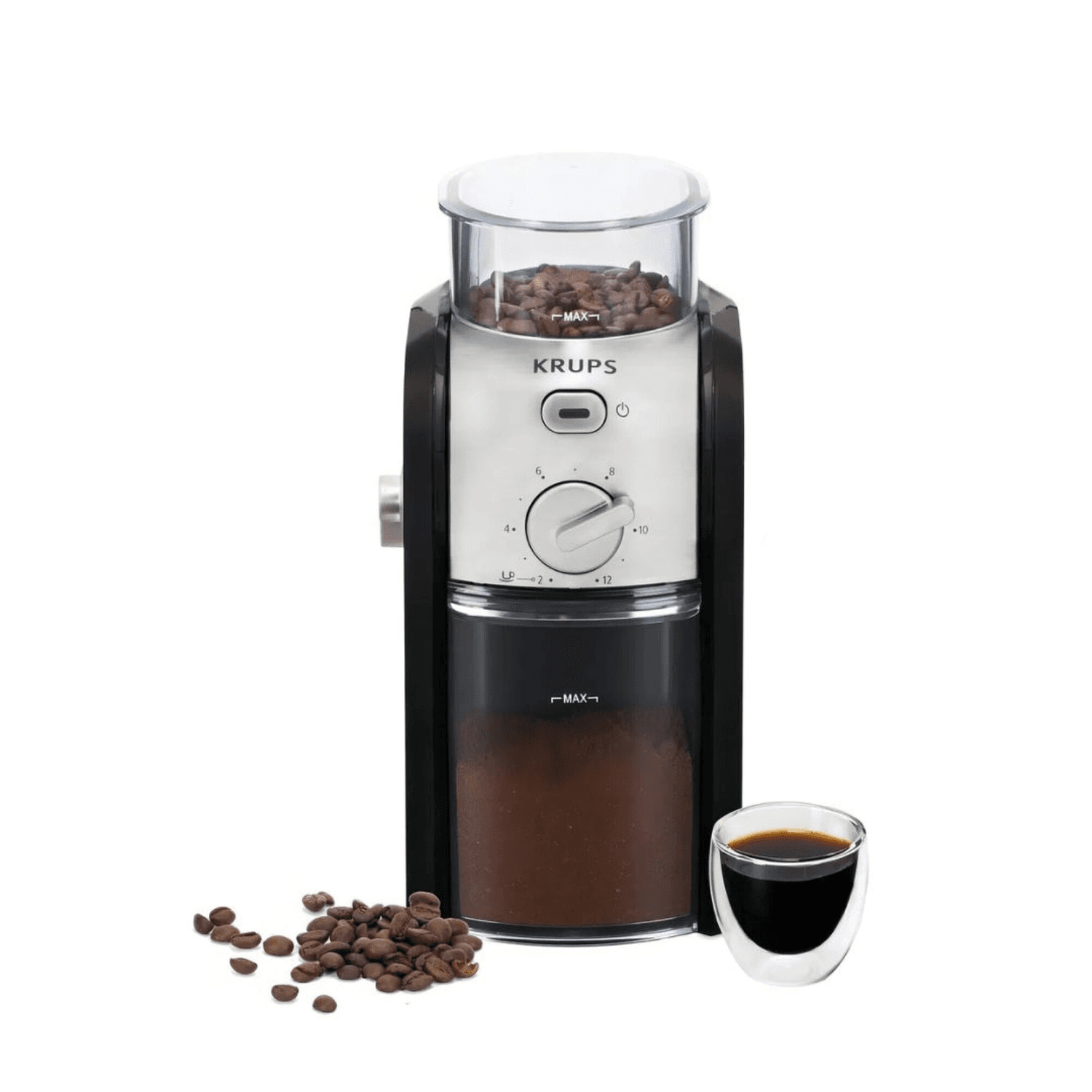 Molinillo de café Krups GVX242 con granos de café y una taza de espresso