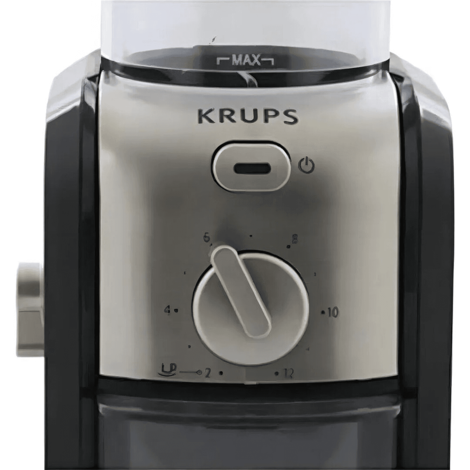 Panel del Krups GVX242 con botón de encendido y selector de tazas y molienda
