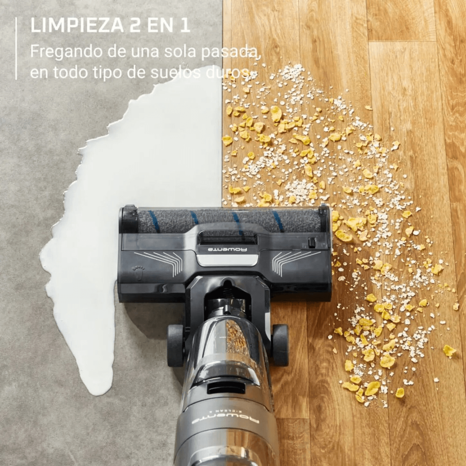 Rowenta X-Clean 4 GZ5037WO limpiando un derrame y migas sobre un piso