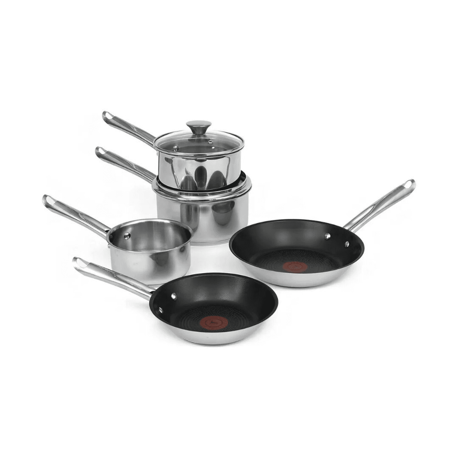 Batería Tefal Elementary con sartenes y cacerolas sobre fondo blanco