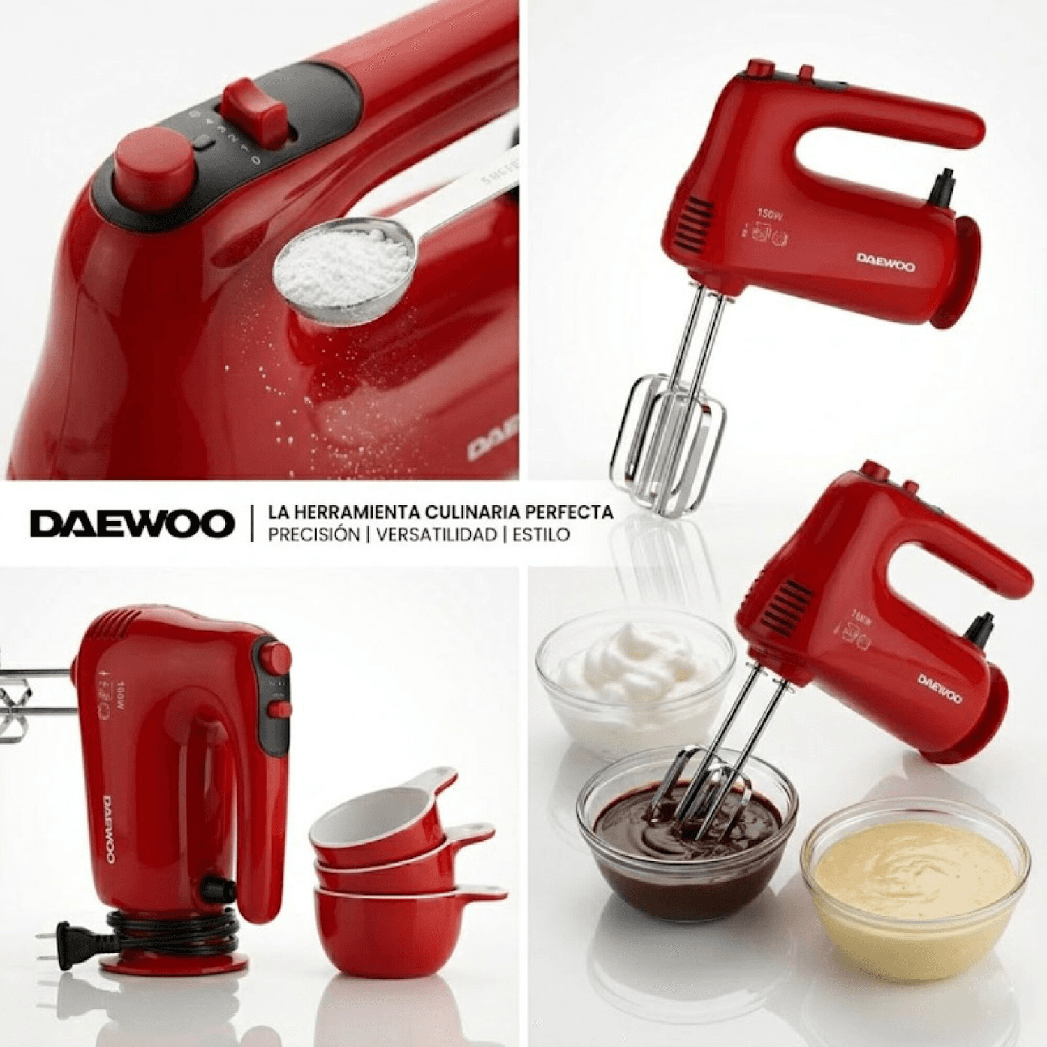Detalle de los controles y accesorios de la batidora Daewoo HM505RED
