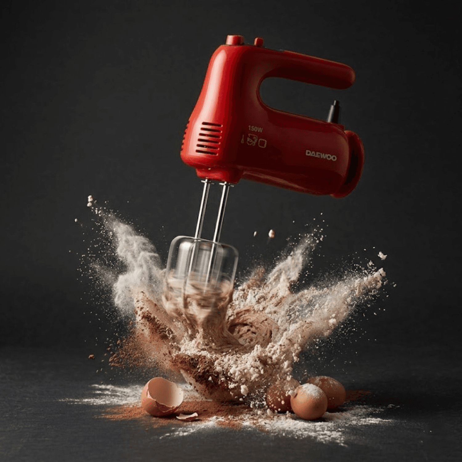 Batidora de mano Daewoo HM505RED mezclando harina y huevos