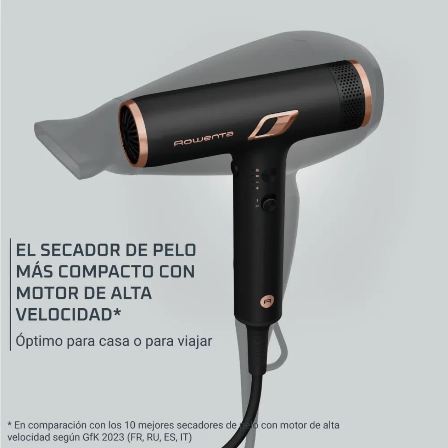 Secador de pelo Rowenta HY8310F0 negro, imagen de galería con el equipo y sus accesorios