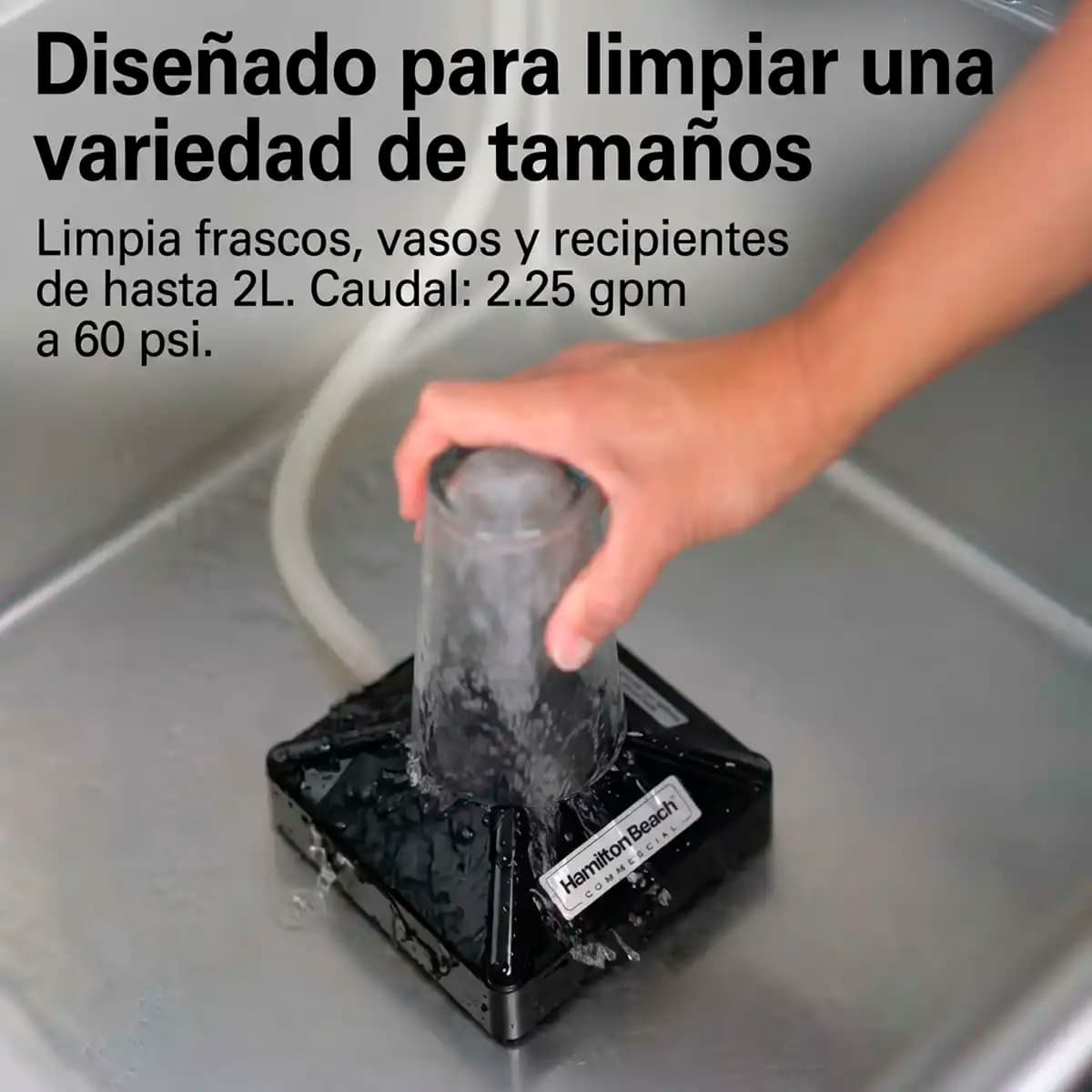 Enjuagadora BCR100R de Hamilton Beach enjuagando un recipiente de hasta 2 litros