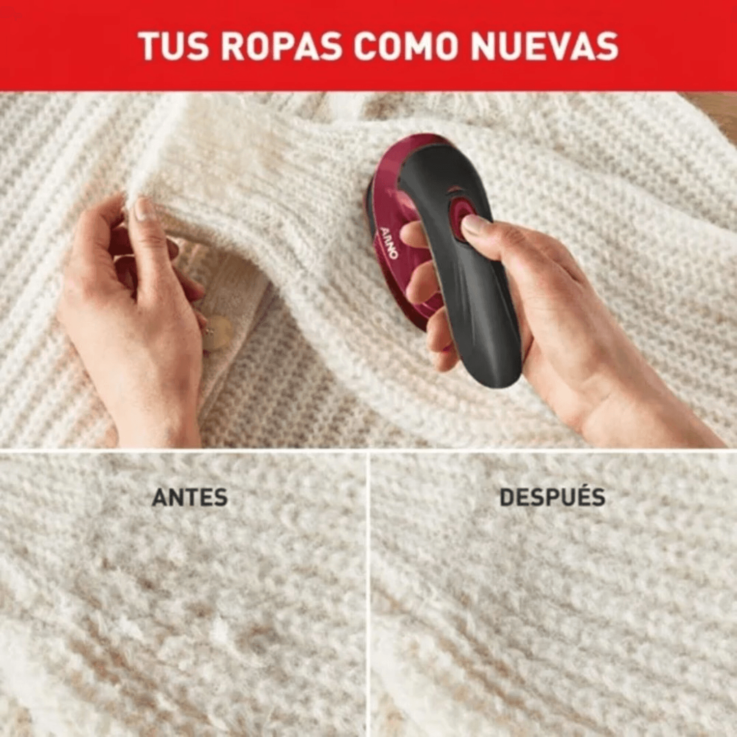 Quitapelusas Arno JB1012B1 sobre un pulóver, antes y después